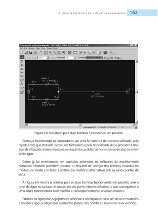 E F I C I Ê N C I A E N E R G É T I C A E M S I S T E M A S D E B O M B E A M E N T O 163
Figura 6.8: Resultado para duas bombas funcionando em paralelo
Como já mencionado, os simuladores são uma ferramenta de extrema utilidade, pela
rapidez com que efetuam os cálculos hidráulicos e pela flexibilidade de se proceder a aná-
lises de situações alternativas para a solução dos problemas nos sistemas de abastecimen-
to de água.
Como já foi mencionado em capítulos anteriores, os softwares de modelamento
hidráulico também permitem estimar o consumo de energia das bombas inseridas no
modelo, de modo a se fazer a análise das melhores alternativas sob os vários pontos de
vista.
A Figura 6.9 mostra o cenário para as duas bombas funcionando em paralelo, com o
nível de água no tanque de sucção no seu ponto extremo máximo, o que corresponde a
uma altura manométrica total mínima e, conseqüentemente, a vazões maiores.
Embora na figura não seja possível observar,a obtenção de cada um desses resultados
é imediata, após a edição dos elementos (tubos, nós, bombas e níveis nos reservatórios).
 