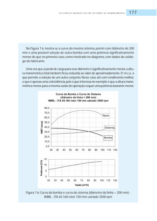E F I C I Ê N C I A E N E R G É T I C A E M S I S T E M A S D E B O M B E A M E N T O 177
Na Figura 7.6, mostra-se a curva do mesmo sistema, porém com diâmetro de 200
mm e uma possível seleção de outra bomba com uma potência significativamente
menor do que no primeiro caso,como mostrado no diagrama,com dados do catálo-
go do fabricante.
Uma vez que a perda de carga para esse diâmetro é significativamente menor,a altu-
ra manométrica total também ficou reduzida ao valor de aproximadamente 31 m.c.a.,o
que permite a seleção de um outro conjunto.Nesse caso,até com rendimento melhor,
o que é apenas uma coincidência,pois o que interessa no exemplo é que a altura mano-
métrica menor,para a mesma vazão de operação,requer uma potência bastante menor.
Figura 7.6: Curva da bomba x curva do sistema (diâmetro da linha = 200 mm) -
IMBIL - ITA 65.160 rotor 150 mm usinado 3500 rpm
 