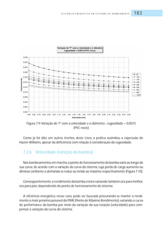 E F I C I Ê N C I A E N E R G É T I C A E M S I S T E M A S D E B O M B E A M E N T O 183
Figura 7.9:Variação de“f”com a velocidade e o diâmetro - rugosidade = 0,0015
(PVC novo)
Como já foi dito em outros trechos deste Livro, a prática assimilou a expressão de
Hazen-Williams, apesar da deficiência com relação à consideração da rugosidade.
7.2.6 Velocidade (rotação da bomba)
Nos bombeamentos em marcha,o ponto de funcionamento da bomba varia ao longo da
sua curva, de acordo com a variação da curva do sistema, cuja perda de carga aumenta ou
diminui conforme a demanda se reduz ou tende ao máximo,respectivamente (Figura 7.10).
Conseqüentemente,o rendimento da bomba estará variando também ora para melhor,
ora para pior, dependendo do ponto de funcionamento do sistema.
A eficiência energética, nesse caso, pode ser buscada procurando-se manter o rendi-
mento o mais próximo possível do PMR (Ponto de Máximo Rendimento),variando a curva
de performance da bomba por meio da variação da sua rotação (velocidade) para com-
pensar a variação da curva do sistema.
 