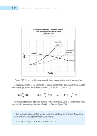 E F I C I Ê N C I A E N E R G É T I C A E M S I S T E M A S D E B O M B E A M E N T O184
Figura 7.10: Curvas de sistema x curva de bomba com abastecimento em marcha
O equacionamento se faz utilizando as leis de similaridade que relacionam a rotação
com a vazão (3.1), com a altura manométrica (3.2) e com a potência (3.3)
Assim,quando se varia a rotação de uma bomba centrífuga,varia-se também sua curva
característica (curva de performance Q x H), conforme a Figura 7.11.
Das fórmulas acima, verifica-se que reduzindo a rotação e, conseqüentemente, a
vazão em 10%, a nova potência será 27% menor.
P1 = P x ( n1 / n )3
= P1 x ( 0,9 x n / n )3
= 0,73 P
 