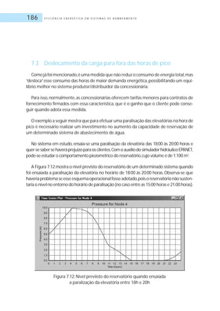 E F I C I Ê N C I A E N E R G É T I C A E M S I S T E M A S D E B O M B E A M E N T O186
7.3 Deslocamento da carga para fora das horas de pico
Como já foi mencionado,é uma medida que não reduz o consumo de energia total,mas
“desloca”esse consumo das horas de maior demanda energética,possibilitando um equi-
líbrio melhor no sistema produtor/distribuidor da concessionária.
Para isso,normalmente,as concessionárias oferecem tarifas menores para contratos de
fornecimento firmados com essa característica, que é o ganho que o cliente pode conse-
guir quando adota essa medida.
O exemplo a seguir mostra que para efetuar uma paralisação das elevatórias na hora de
pico é necessário realizar um investimento no aumento da capacidade de reservação de
um determinado sistema de abastecimento de água.
No sistema em estudo, ensaia-se uma paralisação da elevatória das 18:00 às 20:00 horas e
quer-sesabersehaveráprejuízoparaosclientes.ComoauxíliodosimuladorhidráulicoEPANET,
pode-se estudar o comportamento piezométrico do reservatório,cujo volume é de 1.100 m3
.
A Figura 7.12 mostra o nível previsto do reservatório de um determinado sistema quando
foi ensaiada a paralisação da elevatória no horário de 18:00 às 20:00 horas. Observa-se que
haveriaproblemaseesseesquemaoperacionalfosseadotado,poisoreservatórionãosusten-
taria o nível no entorno do horário de paralisação (no caso entre as 15:00 horas e 21:00 horas).
Figura 7.12: Nível previisto do reservatório quando ensaiada
a paralização da elevatória entre 18h e 20h
 
