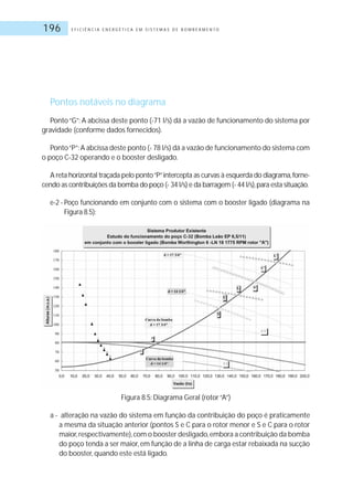 E F I C I Ê N C I A E N E R G É T I C A E M S I S T E M A S D E B O M B E A M E N T O196
Pontos notáveis no diagrama
Ponto“G”: A abcissa deste ponto (˜71 l/s) dá a vazão de funcionamento do sistema por
gravidade (conforme dados fornecidos).
Ponto“P”:A abcissa deste ponto (˜ 78 l/s) dá a vazão de funcionamento do sistema com
o poço C-32 operando e o booster desligado.
A reta horizontal traçada pelo ponto“P”intercepta as curvas à esquerda do diagrama,forne-
cendo as contribuições da bomba do poço (˜ 34 l/s) e da barragem (˜ 44 l/s),para esta situação.
e-2 - Poço funcionando em conjunto com o sistema com o booster ligado (diagrama na
Figura 8.5):
Figura 8.5: Diagrama Geral (rotor“A”)
a - alteração na vazão do sistema em função da contribuição do poço é praticamente
a mesma da situação anterior (pontos S e C para o rotor menor e S e C para o rotor
maior,respectivamente),com o booster desligado,embora a contribuição da bomba
do poço tenda a ser maior,em função de a linha de carga estar rebaixada na sucção
do booster, quando este está ligado.
˜
˜
˜ ˜
 