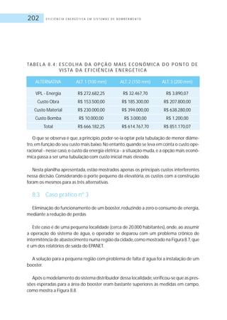 E F I C I Ê N C I A E N E R G É T I C A E M S I S T E M A S D E B O M B E A M E N T O202
TA B E L A 8 . 4 : E S CO L H A D A O P Ç Ã O M A I S E CO N Ô M I C A D O P O N TO D E
V I S TA D A E F I C I Ê N C I A E N E R G É T I C A
ALTERNATIVA ALT.1 (100 mm) ALT.2 (150 mm) ALT.3 (200 mm)
VPL - Energia R$ 272.682,25 R$ 32.467,70 R$ 3.890,07
Custo Obra R$ 153.500,00 R$ 185.300,00 R$ 207.800,00
Custo Material R$ 230.000,00 R$ 394.000,00 R$ 638.280,00
Custo Bomba R$ 10.000,00 R$ 3.000,00 R$ 1.200,00
Total R$ 666.182,25 R$ 614.767,70 R$ 851.170,07
O que se observa é que,a princípio,poder-se-ia optar pela tubulação de menor diâme-
tro,em função do seu custo mais baixo.No entanto,quando se leva em conta o custo ope-
racional - nesse caso,o custo da energia elétrica - a situação muda,e a opção mais econô-
mica passa a ser uma tubulação com custo inicial mais elevado.
Nesta planilha apresentada, estão mostrados apenas os principais custos interferentes
nessa decisão. Considerando o porte pequeno da elevatória, os custos com a construção
foram os mesmos para as três alternativas.
8.3 Caso prático nº 3
Eliminação do funcionamento de um booster,reduzindo a zero o consumo de energia,
mediante a redução de perdas
Este caso é de uma pequena localidade (cerca de 20.000 habitantes), onde, ao assumir
a operação do sistema de água, o operador se deparou com um problema crônico de
intermitência de abastecimento numa região da cidade,como mostrado na Figura 8.7,que
é um dos relatórios de saída do EPANET.
A solução para a pequena região com problema de falta d’água foi a instalação de um
booster.
Após o modelamento do sistema distribuidor dessa localidade,verificou-se que as pres-
sões esperadas para a área do booster eram bastante superiores às medidas em campo,
como mostra a Figura 8.8.
 
