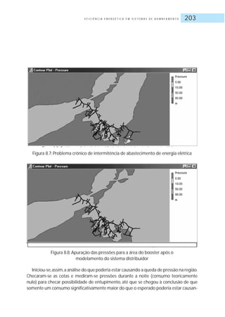 E F I C I Ê N C I A E N E R G É T I C A E M S I S T E M A S D E B O M B E A M E N T O 203
Figura 8.7: Problema crônico de intermitência de abastecimento de energia elétrica
Figura 8.8: Apuração das pressões para a área do booster após o
modelamento do sistema distribuidor
Iniciou-se,assim,a análise do que poderia estar causando a queda de pressão na região.
Checaram-se as cotas e mediram-se pressões durante a noite (consumo teoricamente
nulo) para checar possibilidade de entupimento, até que se chegou à conclusão de que
somente um consumo significativamente maior do que o esperado poderia estar causan-
 