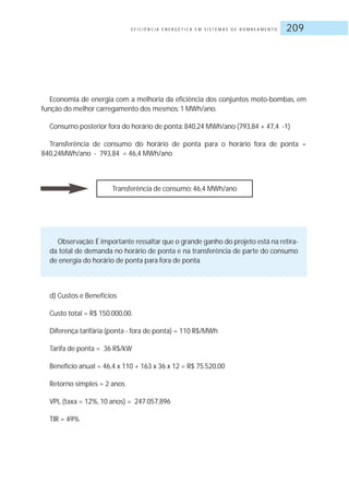 E F I C I Ê N C I A E N E R G É T I C A E M S I S T E M A S D E B O M B E A M E N T O 209
Economia de energia com a melhoria da eficiência dos conjuntos moto-bombas, em
função do melhor carregamento dos mesmos: 1 MWh/ano.
Consumo posterior fora do horário de ponta: 840,24 MWh/ano (793,84 + 47,4 -1)
Transferência de consumo do horário de ponta para o horário fora de ponta =
840,24MWh/ano - 793,84 = 46,4 MWh/ano
Transferência de consumo: 46,4 MWh/ano
Observação:É importante ressaltar que o grande ganho do projeto está na retira-
da total de demanda no horário de ponta e na transferência de parte do consumo
de energia do horário de ponta para fora de ponta.
d) Custos e Benefícios
Custo total = R$ 150.000,00.
Diferença tarifária (ponta - fora de ponta) = 110 R$/MWh
Tarifa de ponta = 36 R$/kW
Benefício anual = 46,4 x 110 + 163 x 36 x 12 = R$ 75.520,00
Retorno simples = 2 anos
VPL (taxa = 12%, 10 anos) = 247.057,896
TIR = 49%
 
