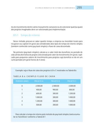 E F I C I Ê N C I A E N E R G É T I C A E M S I S T E M A S D E B O M B E A M E N T O 255
tos de investimento dentre vários mutuamente exclusivos ou de selecionar qual (ou quais)
dos projetos imaginados deve ser selecionado para implementação.
B.5.1 Tempo de retorno
Nesse método, procura-se saber quanto tempo a empresa ou investidor levará para
recuperar seu capital.Em geral, são considerados dois tipos de tempo de retorno: simples
(também conhecido como pay-back simples) e fluxo de caixa descontado.
No primeiro (pay-back simples), calcula-se o valor total dos benefícios no período de
vida útil da alternativa de projeto selecionada pelo valor do investimento.Em geral,é apli-
cado para pequenos valores de investimento, para projetos cujo benefício se dá em um
curto período (em geral menos de 4 anos).
Exemplo: seja o fluxo de caixa dos projetos A, B e C mostrados na Tabela B.6:
TA B E L A B. 6 : E X E M P LO F LU XO D E C A I X A
PERÍODO (ANO) PROJETO A PROJETO B PROJETO C
0 -2.000,00 -2.000,00 -3.000,00
1 400,00 900,00 800,00
2 600,00 300,00 1.200,00
3 1.000,00 300,00 1.000,00
4 1.200,00 300,00 1.000,00
5 500,00 300,00 1.000,00
Para calcular o tempo de retorno pelo método do pay-back simples,basta acumu-
lar os“benefícios”conforme a Tabela B.7:
 