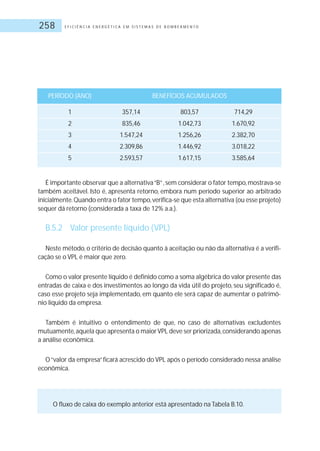 E F I C I Ê N C I A E N E R G É T I C A E M S I S T E M A S D E B O M B E A M E N T O258
PERÍODO (ANO) BENEFÍCIOS ACUMULADOS
1 357,14 803,57 714,29
2 835,46 1.042,73 1.670,92
3 1.547,24 1.256,26 2.382,70
4 2.309,86 1.446,92 3.018,22
5 2.593,57 1.617,15 3.585,64
É importante observar que a alternativa“B”,sem considerar o fator tempo,mostrava-se
também aceitável. Isto é, apresenta retorno, embora num período superior ao arbitrado
inicialmente.Quando entra o fator tempo,verifica-se que esta alternativa (ou esse projeto)
sequer dá retorno (considerada a taxa de 12% a.a.).
B.5.2 Valor presente líquido (VPL)
Neste método, o critério de decisão quanto à aceitação ou não da alternativa é a verifi-
cação se o VPL é maior que zero.
Como o valor presente líquido é definido como a soma algébrica do valor presente das
entradas de caixa e dos investimentos ao longo da vida útil do projeto, seu significado é,
caso esse projeto seja implementado, em quanto ele será capaz de aumentar o patrimô-
nio líquido da empresa.
Também é intuitivo o entendimento de que, no caso de alternativas excludentes
mutuamente,aquela que apresenta o maiorVPL deve ser priorizada,considerando apenas
a análise econômica.
O“valor da empresa”ficará acrescido do VPL após o período considerado nessa análise
econômica.
O fluxo de caixa do exemplo anterior está apresentado na Tabela B.10.
 