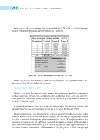 E F I C I Ê N C I A E N E R G É T I C A E M S I S T E M A S D E B O M B E A M E N T O264
Ao aceitar os valores na caixa de diálogo através da tecla“OK”,o Excel calcula a taxa que
anula o valor presente líquido, como mostrado na Figura B.9:
Figura B.9: Cálculo da taxa que anula o VPL, no Excel
Como não poderia deixar de ser, o valor encontrado para a taxa capaz de anular o VPL
foi exatamente a TIR calculada anteriormente.
Comentário sobre a TIR
Quando um fluxo de caixa apresenta valores alternadamente positivos e negativos
(embora não muito comum nos exemplos restritos ao objetivo deste Livro, vale o comen-
tário),é possível existir mais de um valor real para a TIR (tantas quantas forem as inversões
de sinal do fluxo de caixa).
A planilha Excel apresenta sempre a solução mais próxima da estimativa inserida pelo
operador.Quando essa estimativa não é inserida, o seu valor de“default”é 10%.
Outra consideração,e esta de ordem mais prática,é que este método assume que todos
os fluxos de caixa serão reinvestidos (se positivos) ou descontados (se negativos) à mesma
taxa. Isto é aceitável desde que os valores encontrados para a TIR estejam próximos dos
valores de mercado (entre 5% e 25% por exemplo).Num projeto em que a TIR seja igual a
3,0%, é no mínimo estranho admitir que as receitas líquidas de caixa sejam reinvestidas a
essa taxa. De outro lado, quando a TIR encontrada é muito grande, é difícil crer que seja
 