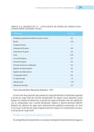 E F I C I Ê N C I A E N E R G É T I C A E M S I S T E M A S D E B O M B E A M E N T O 39
A soma das duas parcelas das perdas de carga (distribuída e localizada) equivale
à perda de carga total do sistema considerado. Em alguns casos (adutoras muito
longas em relação ao diâmetro), as perdas de carga localizadas não são significati-
vas se comparadas com a perda distribuída. Todavia, a Norma Brasileira NB-591
(Projeto de adutora de água para abastecimento público) recomenda, no item
5.4.6.2, que“as perdas de carga singulares devem sempre ser consideradas no cálcu-
lo da perda de carga total”.
Perdas no sistema de abastecimento
As companhias de saneamento e os serviços municipais de abastecimento de água no
TABELA 2.6: VALORES DE “K” - COEFICIENTE DE PERDA DE CARGA LOCA-
LIZADA PARA DIVERSAS PEÇAS
TIPO DE PEÇA VALOR DE“K”
Ampliação gradual (velocidade na seção menor) 0,3
Bocais 2,75
Comporta aberta 1
Cotovelo de 90 graus 0,9
Cotovelo de 45 graus 0,4
Crivo 0,75
Curva de 90 graus 0,4
Curva de 45 graus 0,2
Entrada normal em canalização 0,5
Registro de Gaveta aberto 0,2
Registro de Globo aberto 10
Tê passagem direta 0,6
Tê saída de lado 1,3
Válvula de pé 1,75
Válvula de retenção 2,5
Fonte: Azevedo Neto.Manual de Hidráulica - 1973
 