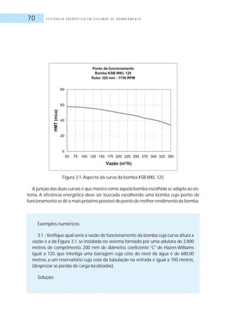 E F I C I Ê N C I A E N E R G É T I C A E M S I S T E M A S D E B O M B E A M E N T O70
Figura 3.1: Aspecto da curva da bomba KSB WKL 125
A junção das duas curvas é que mostra como aquela bomba escolhida se adapta ao sis-
tema. A eficiência energética deve ser buscada escolhendo uma bomba cujo ponto de
funcionamento se dê o mais próximo possível do ponto de melhor rendimento da bomba.
Exemplos numéricos:
3.1 - Verifique qual seria a vazão de funcionamento da bomba cuja curva altura x
vazão é a da Figura 3.1, se instalada no sistema formado por uma adutora de 2.800
metros de comprimento, 200 mm de diâmetro, coeficiente “C” de Hazen-Williams
igual a 120, que interliga uma barragem cuja cota do nível da água é de 680,00
metros, a um reservatório cuja cota da tubulação na entrada é igual a 700 metros,
(desprezar as perdas de carga localizadas).
Solução:
 