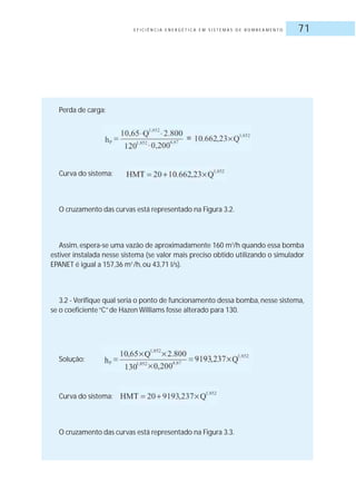 E F I C I Ê N C I A E N E R G É T I C A E M S I S T E M A S D E B O M B E A M E N T O 71
Perda de carga:
Curva do sistema:
O cruzamento das curvas está representado na Figura 3.2.
Assim, espera-se uma vazão de aproximadamente 160 m3
/h quando essa bomba
estiver instalada nesse sistema (se valor mais preciso obtido utilizando o simulador
EPANET é igual a 157,36 m3
/h, ou 43,71 l/s).
3.2 - Verifique qual seria o ponto de funcionamento dessa bomba, nesse sistema,
se o coeficiente“C”de Hazen Williams fosse alterado para 130.
Solução:
Curva do sistema:
O cruzamento das curvas está representado na Figura 3.3.
 