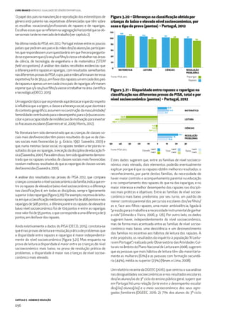 CAPÍTULO 3 - HOMENS E EDUCAÇÃO
096
LIVRO BRANCO HOMENS E IGUALDADE DE GÉNERO EM PORTUGAL
Opapeldospaisnamanutençãoereproduçãodosestereótiposde
género está patente nas expetativas diferenciadas que têm sobre
as escolhas vocacionais/proﬁssionais de rapazes e de raparigas.
Escolhasessasquesereﬂetemnasegregaçãohorizontalqueseob-
servamaistardenomercadodetrabalho(vercapítulo2).
Na última ronda do PISA, em 2012, Portugal esteve entre os poucos
paísesquepediramaospaiseàsmãesdos/asalunos/asparticipan-
tesquerespondessemaumquestionárioemquelheserapergunta-
doseesperavamqueo/aseu/suaﬁlho/aviesseatrabalharnasáreas
de ciência, de tecnologia, de engenharia e de matemática (STEM
ﬁeld occupations). A análise dos dados recolhidos evidenciou que
a diferença entre rapazes e raparigas, com resultados semelhantes
nasdiferentesprovasdoPISA,cujospaisemãesaﬁrmaramteressa
expetativa,foide30p.p.,emfavordosrapazes:umemcadadoispais
derapazeseapenasumemcadacincopaisderaparigasaﬁrmaram
esperarqueo/aseu/suaﬁlho/aviesseatrabalharnaáreacientíﬁca
etecnológica(OECD,2015).
Umsegundotópicoquesepretendeaquidestacarequedizrespeito
àinﬂuênciaqueaorigem,aclasseeaherançasocial,apardaetniae
docontextogeográﬁco,assumemnaconstruçãodamasculinidade/
feminilidadecontribuindoparaodesempenho,parao(in)sucessoes-
colareparaacapacidadederesiliênciaedemotivaçãoparainverter
osfracassosescolares(Guerreiroetal.,2009;Morris,2012).
Na literatura tem sido demonstrado que as crianças de classes so-
ciais mais desfavorecidas têm piores resultados do que as de clas-
ses sociais mais favorecidas (e. g., Grácio, 1997; Saavedra, 2001) e
que, numa mesma classe social, os rapazes tendem a ter piores re-
sultadosdoqueasraparigas,àexceçãodadisciplinadeeducaçãofí-
sica(Saavedra,2001).Paraalémdisso,temsidoigualmentedemons-
trado que os rapazes oriundos de classes sociais mais favorecidas
revelammelhoresresultadosdoqueasraparigasdeclassessociais
desfavorecidas(Saavedra,2001).
A análise dos resultados nas provas do PISA 2012, que compara
criançasconsoanteonívelsocioeconómicodafamília,indicaqueen-
tre os rapazes de elevado e baixo nível socioeconómico a diferença
nas classiﬁcações é, em todas as disciplinas, sempre ligeiramente
superioràdasraparigas(ﬁgura3.20).Porexemplo,naprovadeleitu-
ra,emqueaclassiﬁcaçãomédianosrapazesfoide468pontosenas
raparigas de 508 pontos, a diferença entre os rapazes de elevado e
baixo nível socioeconómico foi de 104 pontos e entre as raparigas
essevalorfoide95pontos,oquecorrespondeaumadiferençade9
pontos,emdesfavordosrapazes.
Ainda relativamente a dados do PISA (OECD, 2015), constata-se
queénasprovasdeleituraeresoluçãopráticadeproblemasque
a disparidade entre rapazes e raparigas é maior independente-
mente do nível socioeconómico (ﬁgura 3.21). Mas enquanto na
prova de leitura a disparidade é maior entre as crianças de nível
socioeconómico mais baixo; na prova de resolução prática de
problemas, a disparidade é maior nas crianças de nível socioe-
conómico mais elevado.
Figura 3.21 – Disparidade entre rapazes e raparigas na
classiﬁcação nas diferentes provas do PISA, total e por
nível socioeconómico (pontos) – Portugal, 2012
Fonte: PISA 2012.
Estes dados sugerem que, entre as famílias de nível socioeco-
nómico mais elevado, dois elementos poderão eventualmente
explicar porque é que os rapazes obtêm melhores resultados: o
reconhecimento, por parte destas famílias, da necessidade de
haver maior controlo e acompanhamento parental na educação
e no comportamento dos rapazes do que na das raparigas; e no
maior interesse e melhor desempenho dos rapazes nas discipli-
nas mais práticas e objetivas. Entre as famílias de nível socioe-
conómico mais baixo predomina, por seu turno, um padrão de
menor controlo parental dos percursos escolares dos/as ﬁlhos/
as e, face aos ﬁlhos rapazes, uma maior ambivalência, ligada à
“pressãoparaotrabalhoeanecessidadeinstrumentaldeganhar
a vida” (Almeida e Vieira, 2006; p. 126). Por outro lado, os dados
sugerem haver, independentemente do nível socioeconómico,
mas de forma mais acentuada entre as famílias de nível socioe-
conómico mais baixo, uma desistência e um desinvestimento
das famílias no incentivo aos hábitos de leitura dos rapazes. A
este propósito, os resultados do inquérito à população “A Leitu-
ra em Portugal”, realizado pelo Observatório das Atividades Cul-
turaisnoâmbitodoPlanoNacionaldeLeituraem2008,sugerem
que as pessoas que mais hábitos de leitura têm são maioritaria-
mente as mulheres (61%) e as pessoas com formação secundá-
ria (44%), média ou superior (23%) (Neves e Lima, 2008).
UmrelatóriorecentedaDGEEC(2016),quecentrouasuaanálise
nas desigualdades socioeconómicas e nos resultados escolares
dos/as alunos/as do 3º ciclo do ensino público geral, sugere que
em Portugal há uma relação forte entre o desempenho escolar
dos[/as] alunos[/as] e o meio socioeconómico dos seus agre-
gados familiares (DGEEC, 2016: 2): 71% dos alunos do 3º ciclo
10,0
12,0
7,0
-34,0
-40,0
-43,0
-2,0
-2,0
-5,0
22,1
16
10,9
-50 -40 -30 -20 -10 0 10 20 30
MATEMÁTICA
LEITURA
CIÊNCIAS
RESOLUÇÃO
PROBLEMAS
H<M
H>M
Total
H<M
H>M
Elevado
H<M
H>M
Baixo
0
20
40
60
80
100
120
108
104 101
97
105
95 98
89
MATEMÁTICA LEITURA CIÊNCIAS RESOLUÇÃO
PROBLEMAS
Figura 3.20 – Diferenças na classiﬁcação obtida por
crianças de baixo e elevado nível socioeconómico, por
sexo e tipo de prova (pontos) – Portugal, 2012
Rapazes
RaparigasFonte: PISA 2012.
 