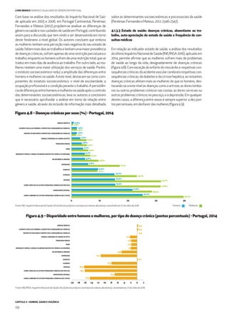CAPÍTULO 4 - HOMENS, SAÚDE E VIOLÊNCIA
110
LIVRO BRANCO HOMENS E IGUALDADE DE GÉNERO EM PORTUGAL
Fonte: INE/INSA, Inquérito Nacional de Saúde 2014 (cálculos próprios com base em valores absolutos), consultado em 27 de Julho de 2016.
Figura 4.9 – Disparidade entre homens e mulheres, por tipo de doença crónica (pontos percentuais) - Portugal, 2014
-11,2
-1,8
-4,8
-7,9
-16,1
-14,5
-16,3
-6,9
-2,2
0,3
0,0
-2
-1,8
0,2
0,3
CIRROSE HEPÁTICA
ACIDENTE VASCULAR CEREBRAL E RESPETIVAS CONSEQUÊNCIAS CRÓNICAS
ENFARTE DO MIOCÁRDIO E RESPECTIVAS CONSEQUÊNCIAS CRÓNICAS
DOENÇA CORONÁRIA OU ANGINA DE PEITO
PROBLEMAS RENAIS
ASMA
BRONQUITE CRÓNICA, DOENÇA PULMONAR OBSTRUTIVA CRÓNICA OU ENFISEMA
INCONTINÊNCIA URINÁRIA
DEPRESSÃO
DIABETES
ALERGIAS
ARTROSE
DORES CERVICAIS OU OUTROS PROBLEMAS CRÓNICOS NO PESCOÇO
HIPERTENSÃO ARTERIAL
DORES LOMBARES OU OUTROS PROBLEMAS CRÓNICOS NAS COSTAS
-20 -18 -16 -14 -12 -10 -8 -6 -4 -2 0 2
Fonte: INE, Inquérito Nacional de Saúde 2014 (cálculos próprios com base em valores absolutos), consultado em 27 de Julho de 2016.
Com base na análise dos resultados do Inquérito Nacional de Saú-
de aplicado em 2005 e 2006, em Portugal Continental, Perelman,
Fernandes e Mateus (2012) propõem-se analisar as diferenças de
géneronasaúdeenoscuidadosdesaúdeemPortugal,contribuindo
assim para a discussão que tem vindo a ser desenvolvida em torno
deste fenómeno a nível global. Os autores concluem que embora
as mulheres tenham uma perceção mais negativa do seu estado de
saúde,faltemmaisdiasaotrabalhoetenhamumamaiorprevalência
dedoençascrónicas,sofremapenasdeumarestriçãoparcialparao
trabalho,enquantooshomenssofremdeumarestriçãototal,quese
traduz em mais dias de ausência ao trabalho. Por outro lado, as mu-
lheres revelam uma maior utilização dos serviços de saúde. Porém,
o estatuto socioeconómico reduz a amplitude das diferenças entre
homens e mulheres na saúde. A este nível, destacam-se como com-
ponentes do estatuto socioeconómico: o nível de escolaridade; a
ocupação proﬁssional e a condição perante o trabalho. A persistên-
ciadediferençasentrehomensemulheresnasaúdeapósocontrolo
das determinantes socioeconómicas, leva os autores a concluírem
que é necessário aprofundar a análise em torno da relação entre
género e saúde, através da inclusão de informação mais detalhada
sobre as determinantes socioeconómicas e psicossociais da saúde
(Perelman,FernandeseMateus,2012:2346-2347).
4.1.3.3 Estado de saúde: doenças crónicas, absentismo ao tra-
balho, auto-apreciação do estado de saúde e frequência de con-
sultasmédicas
Em relação ao indicador estado de saúde, a análise dos resultados
doúltimoInquéritoNacionaldeSaúde(INE/INSA2016),aplicadoem
2014, permite aﬁrmar que as mulheres sofrem mais de problemas
de saúde ao longo da vida, designadamente de doenças crónicas
(ﬁgura4.8).Comexceçãodoenfartedomiocárdioerespetivascon-
sequênciascrónicas;doacidentevascularcerebralerespetivascon-
sequênciascrónicas;dadiabetesedacirrosehepática,asrestantes
doenças crónicas afetam mais as mulheres do que os homens, des-
tacando-seaestenívelasdoençascomoaartrose;asdoreslomba-
res ou outros problemas crónicos nas costas; as dores cervicais ou
outrosproblemascrónicosnopescoço,eadepressão.Emqualquer
destes casos, a diferença entre sexos é sempre superior a dez pon-
tospercentuais,emdesfavordasmulheres(ﬁgura4.9).
CIRROSE HEPÁTICA
ACIDENTE VASCULAR CEREBRAL E RESPETIVAS CONSEQUÊNCIAS CRÓNICAS
ENFARTE DO MIOCÁRDIO E RESPETIVAS CONSEQUÊNCIAS CRÓNICAS
DOENÇA CORONÁRIA OU ANGINA DE PEITO
PROBLEMAS RENAIS
ASMA
BRONQUITE CRÓNICA, DOENÇA PULMONAR OBSTRUTIVA CRÓNICA OU ENFISEMA
INCONTINÊNCIA URINÁRIA
DEPRESSÃO
DIABETES
ALERGIAS
ARTROSE
DORES CERVICAIS OU OUTROS PROBLEMAS CRÓNICOS NO PESCOÇO
HIPERTENSÃO ARTERIAL
DORES LOMBARES OU OUTROS PROBLEMAS CRÓNICOS NAS COSTAS
0 10 20 30 40
0,5%
1,9%
1,6%
5,3%
5,4%
5,9%
6,7%
9,6%
17,1%
9,2%
23,1%
31,7%
31,6%
28,5%
39,7%
0,8%
1,9%
1,9%
3,1%
3,6%
4,1%
4,7%
4,8%
5,9%
9,4%
15,2%
15,4%
15,5%
21,6%
25,2%
Figura 4.8 – Doenças crónicas por sexo (%) - Portugal, 2014
Homens Mulheres
 