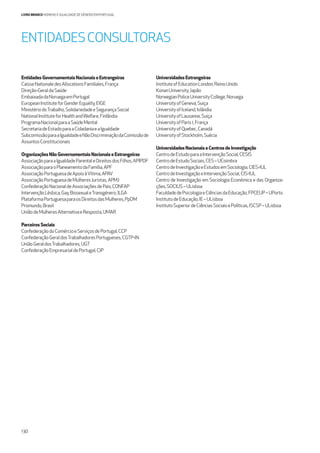 130
LIVRO BRANCO HOMENS E IGUALDADE DE GÉNERO EM PORTUGAL
Entidades Governamentais Nacionais e Estrangeiras
CaisseNationaledesAllocationsFamiliales,França
Direção-GeraldaSaúde
EmbaixadadaNoruegaemPortugal
EuropeanInstituteforGenderEquality,EIGE
MinistériodoTrabalho,SolidariedadeeSegurançaSocial
NationalInstituteforHealthandWelfare,Finlândia
ProgramaNacionalparaaSaúdeMental
SecretariadeEstadoparaaCidadaniaeaIgualdade
SubcomissãoparaaIgualdadeeNãoDiscriminaçãodaComissãode
AssuntosConstitucionais
Organizações Não Governamentais Nacionais e Estrangeiras
AssociaçãoparaaIgualdadeParentaleDireitosdosFilhos,APIPDF
AssociaçãoparaoPlaneamentodaFamília,APF
AssociaçãoPortuguesadeApoioàVítima,APAV
AssociaçãoPortuguesadeMulheresJuristas,APMJ
ConfederaçãoNacionaldeAssociaçõesdePais,CONFAP
IntervençãoLésbica,Gay,BissexualeTransgénero,ILGA
PlataformaPortuguesaparaosDireitosdasMulheres,PpDM
Promundo,Brasil
UniãodeMulheresAlternativaeResposta,UMAR
Parceiros Sociais
ConfederaçãodoComércioeServiçosdePortugal,CCP
ConfederaçãoGeraldosTrabalhadoresPortugueses,CGTP-IN
UniãoGeraldosTrabalhadores,UGT
ConfederaçãoEmpresarialdePortugal,CIP
Universidades Estrangeiras
InstituteofEducationLondon,ReinoUnido
KonanUniversity,Japão
NorwegianPoliceUniversityCollege,Noruega
UniversityofGeneva,Suiça
UniversityofIceland,Islândia
UniversityofLausanne,Suiça
UniversityofParis1,França
UniversityofQuebec,Canadá
UniversityofStockholm,Suécia
Universidades Nacionais e Centros de Investigação
CentrodeEstudoparaaIntervençãoSocial,CESIS
CentrodeEstudoSociais,CES–UCoimbra
CentrodeInvestigaçãoeEstudosemSociologia,CIES-IUL
CentrodeInvestigaçãoeIntervençãoSocial,CIS-IUL
Centro de Investigação em Sociologia Económica e das Organiza-
ções,SOCIUS–ULisboa
FaculdadedePsicologiaeCiênciasdaEducação,FPCEUP–UPorto
InstitutodeEducação,IE–ULisboa
InstitutoSuperiordeCiênciasSociaisePolíticas,ISCSP–ULisboa
ENTIDADESCONSULTORAS
 