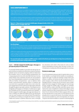 CAPÍTULO 1 - HOMENS, FAMÍLIA E CONCILIAÇÃO
027
LIVRO BRANCO HOMENS E IGUALDADE DE GÉNERO EM PORTUGAL
CAIXA: EUROFOUND INDEX 18
Naprimeiradécadadedoismil,asediçõesdoInquéritoEuropeusobreasCondiçõesdeTrabalho,doEurofound(EWCS2005eEWCS2010),vieram
revelar a ligeira diminuição, entre homens e mulheres, do total de horas semanais alocadas ao trabalho (pago, não pago e outros – ver nota meto-
dológica abaixo), assim como a persistência de uma forte sobrecarga feminina (ﬁgura C1.2): em 2005, 47% das mulheres, contra 18% dos homens,
despendiamaisde70horasporsemanaatrabalhar;em2010,aspercentagensdemulheresehomenseramde37%e15%,respetivamente.
Seem2005eraresidualaproporçãodehomensemulheresquedespendiammenostempoematividadesdetrabalho(até40horassemanais),essa
proporção mais que duplicou em 2010. Tal poderá dever-se à ligeira diminuição da intensidade das horas de trabalho proﬁssional que se registou
nasociedadeportuguesadurantesosprimeirosanosdacrise(verCapítulo2)e,eventualmente,àreduçãodotempoalocadoaoutrasatividades.
Nota Metodológica:
Este indicador corresponde a um índice construído pelo Eurofound (Index 18: Number of hours spent on paid and unpaid work per week) a partir
das horas semanais alocadas a diversas atividades: atividade proﬁssional principal e secundária, deslocações, atividade política e de voluntaria-
do,cuidadosacriançaseaadultos/asdependentes,trabalhodoméstico,educaçãoeformação.
OEWCSéuminquéritodoEurofound,aplicadode5em5anos,quepretendemonitorizarastendênciasdeevoluçãodascondiçõesdetrabalhona
Europa.Asuaprimeiraedição,em1990/1991,incluiutrabalhadores/as,de15emaisanos,dos12paísesdaC.E.Desdeentãotemvindoabarcarmais
países nas edições sucessivas. A sexta e mais recente edição foi realizada em 2015, em 35 países. A base de dados ainda não está disponível para
consulta,peloquenãoépossível apresentar osdadosmaisrecentes.
Para mais informações sobre as edições dos EWCS consultar o website do Eurofound, que está disponível em: http://www.eurofound.euro-
pa.eu/pt/surveys/european-working-conditions-surveys
Figura C1.2 – Número de horas semanais de trabalho pago e não pago (até 40h, 41-70h e 71+h),
segundo o sexo (%) Portugal, 2005, 2010
Fonte: Eurofound, EWCS 2005, EWCS 2010
4
Uma limitação dos inquéritos do ISSP é o facto de não permitirem identiﬁcar o sexo do(a) companheiro(a) do/a respondente, pelo que não é possível excluir da análise
os casais do mesmo sexo.
20102005
76.4
5.8
17.9
72.0
13.5 14.5
20102005
48.0
5.5
46.5 51.4
12.0
36.6
HOMENS MULHERES
71+ horas
41-70 horas
até 40 horas
1.3.2.2 A divisão conjugal do trabalho pago e não pago e a
perceção da justiça em casais ativos
A conciliação família-trabalho é uma esfera da vida que diz res-
peitoahomenseamulheresemdiferentescontextosfamiliares,
podendo mesmo ser bastante complexa e difícil em determina-
das situações, como é o caso das famílias monoparentais com
crianças pequenas (Correia, 2010, 2013; Wall, São José e Correia,
2002), famílias muito vulneráveis do ponto de vista económico
(ver Caixa Vulnerabilidade económica e articulação família-tra-
balho em famílias monoparentais) – para os objetivos deste
estudo é particularmente relevante avaliar as mudanças que
ocorreram entre a população em idade ativa a viver numa rela-
ção conjugal heterossexual, onde há uma negociação e deﬁnição
de papéis de género que pode sustentar a conciliação entre as
obrigações proﬁssionais e as familiares. A análise que se segue
dos resultados do ISSP foca especiﬁcamente esta realidade – a
divisão conjugal do trabalho pago e não pago reportada por ho-
mens e mulheres em idade ativa (18-64 anos) e que declararam
viver em casal4
(casados ou em união de facto). Para identiﬁcar
as tendências de mudança na situação dos homens e na dispa-
ridade entre homens e mulheres observa-se, assim, a evolução
dos indicadores entre 2002 e 2014 tendo em conta as idades
dos/as respondentes, de modo a aferir da maior ou menor con-
tribuição para a mudança das diferentes gerações em presença.
Divisão do trabalho pago
Comoﬁcaamplamentedemonstradonocapítulosobreomerca-
do de trabalho, a conciliação família-trabalho na sociedade por-
tuguesa tem lugar no quadro de emprego a tempo inteiro para
homens e mulheres, ao contrário do que se observa em outros
países europeus, onde a inferior taxa de atividade feminina e o
emprego feminino a tempo parcial estruturam outras modali-
dades de divisão conjugal do trabalho pago (ver Caixa Europa:
Divisão conjugal do trabalho pago e não pago). Os resultados
do ISSP relativos a 2002 e 2014 dão conta disso mesmo, com a
maioria dos casais a trabalharem a tempo inteiro (ﬁgura 1.3). No
entanto, enquanto em 2002 a proporção de casais “os 2 aTempo
Inteiro” era no mínimo de 70% em todos os grupos etários, sen-
do mais elevada entre os mais jovens, em 2014 apenas era mais
elevada entre os casais de 30-44 anos. As principais mudanças
que ocorreram prendem-se, como seria esperado, com a preca-
rização do mercado de trabalho e o aumento do desemprego de
 