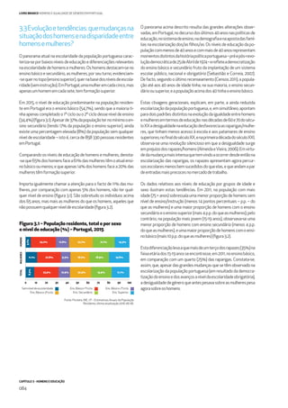 CAPÍTULO 3 - HOMENS E EDUCAÇÃO
084
LIVRO BRANCO HOMENS E IGUALDADE DE GÉNERO EM PORTUGAL
3.3Evoluçãoetendências:quemudançasna
situaçãodoshomensenadisparidadeentre
homensemulheres?
O panorama atual na escolaridade da população portuguesa carac-
teriza-seporbaixosníveisdeeducaçãoediferenciaçõesrelevantes
naescolaridadedehomensemulheres.Oshomensdestacam-seno
ensinobásicoesecundário,asmulheres,porseuturno,evidenciam-
-sequernotopo(ensinosuperior),quernabasedosníveisdeescola-
ridade(seminstrução).EmPortugal,umamulheremcadacinco,mas
apenasumhomememcadasete,temformaçãosuperior.
Em 2015, o nível de educação predominante na população residen-
te em Portugal era o ensino básico (54,7%), sendo que a maioria ti-
nha apenas completado o 1º ciclo ou o 2º ciclo desse nível de ensino
(34,4%)(ﬁgura3.1).Apesarde37%dapopulaçãoternomínimooen-
sino secundário (tendo 17% da população o ensino superior), ainda
existe uma percentagem elevada (8%) da população sem qualquer
nível de escolaridade – isto é, cerca de 858 330 pessoas residentes
emPortugal.
Comparando os níveis de educação de homens e mulheres, denota-
-seque65%doshomensfacea61%dasmulherestêmoatualensi-
nobásicooumenos;equeapenas14%doshomensfacea20%das
mulherestêmformaçãosuperior.
Importa igualmente chamar a atenção para o facto de 11% das mu-
lheres, por comparação com apenas 5% dos homens, não ter qual-
quer nível de ensino (ﬁgura 3.1). São sobretudo os indivíduos acima
dos 65 anos, mas mais as mulheres do que os homens, aqueles que
nãopossuemqualquerníveldeescolaridade(ﬁgura3.2).
O panorama acima descrito resulta das grandes alterações obser-
vadas,emPortugal,nodecursodosúltimos40anosnaspolíticasde
educação,nosistemadeensino,nademograﬁaenaapostadasfamí-
lias na escolarização dos/as ﬁlhos/as. Os níveis de educação da po-
pulaçãocommenosde40anosecommaisde40anosrepresentam
momentosdistintosdahistóriapolíticaportuguesa–préepós-revo-
luçãodemocráticade25deAbrilde1974–ereﬂeteademocratização
do ensino básico e secundário fruto da implantação de um sistema
escolar público, nacional e obrigatório (Sebastião e Correia, 2007).
De facto, segundo o último recenseamento (Censos 2011), a popula-
ção até aos 40 anos de idade tinha, na sua maioria, o ensino secun-
dárioousuperior,eapopulaçãoacimados40tinhaoensinobásico.
Estas clivagens geracionais, explicam, em parte, a ainda reduzida
escolarizaçãodapopulaçãoportuguesa,e,emsimultâneo,apontam
paradoispadrõesdistintosnaevoluçãodaigualdadeentrehomens
emulheresemtermosdeeducação:nasdécadasde60e70dosécu-
loXXadesigualdadenaeducaçãodesfavoreciaasraparigas/mulhe-
res, que tinham menos acesso à escola e aos patamares de ensino
superiores;noﬁnaldoséculoXX,enaprimeiradécadadoséculoXXI,
observa-se uma revolução silenciosa em que a desigualdade surge
emprejuízodosrapazes/homens(AlmeidaeVieira,2006).Emvirtu-
dedamudançamaisintensaquetemvindoaocorrerdesdeentãona
escolarização das raparigas, os rapazes apresentam agora percur-
sosescolaresmenosbemsucedidosdoqueelas,equeandamapar
deentradasmaisprecocesnomercadodetrabalho.
Os dados relativos aos níveis de educação por grupos de idade e
sexo ilustram estas tendências. Em 2011, na população com mais
idade (75 + anos) sobressaía uma menor proporção de homens sem
nível de ensino/instrução (menos 14 pontos percentuais – p.p. – do
que as mulheres) e uma maior proporção de homens com o ensino
secundárioeoensinosuperior(mais4p.p.doqueasmulheres);pelo
contrário, na população mais jovem (15-19 anos), observava-se uma
menor proporção de homens com ensino secundário (menos 4 p.p.
doqueasmulheres),eumamaiorproporçãodehomenscomoensi-
nobásico(mais10p.p.doqueasmulheres)(ﬁgura3.2).
Estadiferenciaçãolevaaquemaisdeumterçodosrapazes(35%)na
faixaetáriados15-19anosseencontrasse,em2011,noensinobásico,
em comparação com um quarto (25%) das raparigas. Constata-se,
assim,que,apesardasgrandesmudançasquesetêmobservadona
escolarização da população portuguesa (em resultado da democra-
tizaçãodoensinoedosavançosaníveldaescolaridadeobrigatória),
adesigualdadedegéneroqueantespesavasobreasmulherespesa
agorasobreoshomens.
Ens. Básico-3ºciclo Ens. Secundário
0 10 20 30 40 50 60 70 80 90 100
24.2% 12.6% 22.7% 21.1% 14.3%
22.8% 9.3%11.1% 18.2% 18.9% 19.6%
23.5% 10.9% 20.3% 19.9% 17.1%
8.3%
5.1%
HOMENSMULHERESTOTAL
Figura 3.1 – População residente, total e por sexo
e nível de educação (%) – Portugal, 2015
Sem nível de escolaridade Ens. Básico-1ºciclo Ens. Básico-2ºciclo
Ens. Superior
Fonte: Pordata, INE, I.P. – Estimativas Anuais da População
Residente, última atualização:2016-06-06.
 
