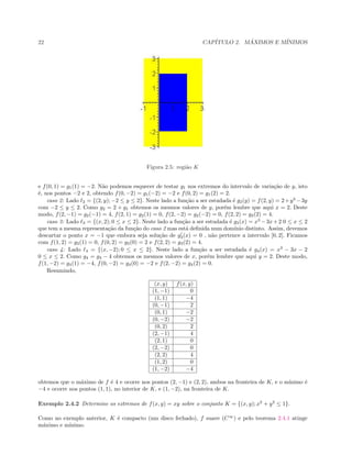 22 CAP´ITULO 2. M ´AXIMOS E M´INIMOS
Figura 2.5: regi˜ao K
e f(0, 1) = g1(1) = −2. N˜ao podemos esquecer de testar g1 nos extremos do intervalo de varia¸c˜ao de y, isto
´e, nos pontos −2 e 2, obtendo f(0, −2) = g1(−2) = −2 e f(0, 2) = g1(2) = 2.
caso 2: Lado 2 = {(2, y); −2 ≤ y ≤ 2}. Neste lado a fun¸c˜ao a ser estudada ´e g2(y) = f(2, y) = 2+y3
−3y
com −2 ≤ y ≤ 2. Como g2 = 2 + g1 obtemos os mesmos valores de y, por´em lembre que aqui x = 2. Deste
modo, f(2, −1) = g2(−1) = 4, f(2, 1) = g2(1) = 0, f(2, −2) = g2(−2) = 0, f(2, 2) = g2(2) = 4.
caso 3: Lado 3 = {(x, 2); 0 ≤ x ≤ 2}. Neste lado a fun¸c˜ao a ser estudada ´e g3(x) = x3
−3x+2 0 ≤ x ≤ 2
que tem a mesma representa¸c˜ao da fun¸c˜ao do caso 2 mas est´a deﬁnida num dom´ınio distinto. Assim, devemos
descartar o ponto x = −1 que embora seja solu¸c˜ao de g3(x) = 0 , n˜ao pertence a intervalo [0, 2]. Ficamos
com f(1, 2) = g3(1) = 0, f(0, 2) = g3(0) = 2 e f(2, 2) = g3(2) = 4.
caso 4: Lado 4 = {(x, −2); 0 ≤ x ≤ 2}. Neste lado a fun¸c˜ao a ser estudada ´e g4(x) = x3
− 3x − 2
0 ≤ x ≤ 2. Como g4 = g3 − 4 obtemos os mesmos valores de x, por´em lembre que aqui y = 2. Deste modo,
f(1, −2) = g4(1) = −4, f(0, −2) = g4(0) = −2 e f(2, −2) = g4(2) = 0.
Resumindo,
(x, y) f(x, y)
(1, −1) 0
(1, 1) −4
(0, −1) 2
(0, 1) −2
(0, −2) −2
(0, 2) 2
(2, −1) 4
(2, 1) 0
(2, −2) 0
(2, 2) 4
(1, 2) 0
(1, −2) −4
obtemos que o m´aximo de f ´e 4 e ocorre nos pontos (2, −1) e (2, 2), ambos na fronteira de K, e o m´ınimo ´e
−4 e ocorre nos pontos (1, 1), no interior de K, e (1, −2), na fronteira de K.
Exemplo 2.4.2 Determine os extremos de f(x, y) = xy sobre o conjunto K = {(x, y); x2
+ y2
≤ 1}.
Como no exemplo anterior, K ´e compacto (um disco fechado), f suave (C∞
) e pelo teorema 2.4.1 atinge
m´aximo e m´ınimo.
 