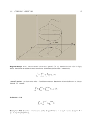 8.2. INTEGRAIS M ´ULTIPLAS 67
Segunda Etapa: Fixe a vari´avel externa em um valor gen´erico (ex. x), determinando um corte na regi˜ao
s´olida. Determine os valores extremos da vari´avel intermedi´aria neste corte. Por exemplo
b
a
dx
g(x)
h(x)
dy f(x, y, z)dz.
Terceira Etapa: Fixe agora neste corte a vari´avel intermedi´aria. Determine os valores extremos da vari´avel
interna. Por exemplo
b
a
dx
g(x)
h(x)
dy
s(x,y)
l(x,y)
f(x, y, z)dz.
Exemplo 8.2.14
1
−2
dx
2−x2
x
dy
x+2
0
dz
Exemplo 8.2.15 Encontre o volume sob o gr´aﬁco do parabol´oide z = x2
+ y2
e acima da regi˜ao R =
[−1, 1] × [−1, 1] do plano xy.
 