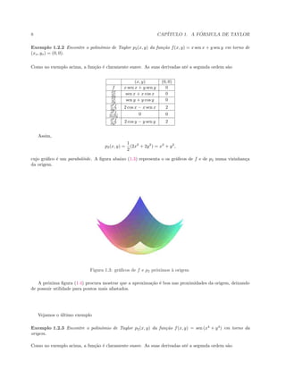 8 CAP´ITULO 1. A F ´ORMULA DE TAYLOR
Exemplo 1.2.2 Encontre o polinˆomio de Taylor p2(x, y) da fun¸c˜ao f(x, y) = x sen x + y sen y em torno de
(xo, yo) = (0, 0).
Como no exemplo acima, a fun¸c˜ao ´e claramente suave. As suas derivadas at´e a segunda ordem s˜ao
(x, y) (0, 0)
f x sen x + y sen y 0
∂f
∂x sen x + x cos x 0
∂f
∂y sen y + y cos y 0
∂2
f
∂x2 2 cos x − x sen x 2
∂2
f
∂x∂y 0 0
∂2
f
∂y2 2 cos y − y sen y 2
Assim,
p2(x, y) =
1
2
(2x2
+ 2y2
) = x2
+ y2
,
cujo gr´aﬁco ´e um parabol´oide. A ﬁgura abaixo (1.3) representa o os gr´aﬁcos de f e de p2 numa vizinhan¸ca
da origem.
Figura 1.3: gr´aﬁcos de f e p2 pr´oximos `a origem
A pr´oxima ﬁgura (1.4) procura mostrar que a aproxima¸c˜ao ´e boa nas proximidades da origem, deixando
de possuir utilidade para pontos mais afastados.
Vejamos o ´ultimo exemplo
Exemplo 1.2.3 Encontre o polinˆomio de Taylor p2(x, y) da fun¸c˜ao f(x, y) = sen (x4
+ y4
) em torno da
origem.
Como no exemplo acima, a fun¸c˜ao ´e claramente suave. As suas derivadas at´e a segunda ordem s˜ao
 