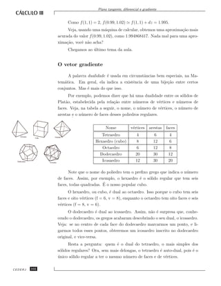 Plano tangente, diferencial e gradiente


                    Como f (1, 1) = 2, f (0.99, 1.02)      f (1, 1) + dz = 1.995.
                    Veja, usando uma m´quina de calcular, obtemos uma aproxima¸˜o mais
                                          a                                      ca
               acurada do valor f (0.99, 1.02), como 1.994868417. Nada mal para uma apro-
               xima¸˜o, vocˆ n˜o acha?
                   ca       e a
                    Chegamos ao ultimo tema da aula.
                                ´


               O vetor gradiente

                     A palavra dualidade ´ usada em circunstˆncias bem especiais, na Ma-
                                         e                  a
               tem´tica. Em geral, ela indica a existˆncia de uma bije¸˜o entre certos
                   a                                  e                 ca
               conjuntos. Mas ´ mais do que isso.
                               e
                     Por exemplo, podemos dizer que h´ uma dualidade entre os s´lidos de
                                                        a                         o
               Plat˜o, estabelecida pela rela¸˜o entre n´ meros de v´rtices e n´ meros de
                   a                          ca          u             e       u
               faces. Veja, na tabela a seguir, o nome, o n´mero de v´rtices, o n´ mero de
                                                            u            e       u
               arestas e o n´ mero de faces desses poliedros regulares.
                            u


                                         Nome             v´rtices
                                                           e           arestas   faces
                                       Tetraedro              4           6       4
                                    Hexaedro (cubo)           8           12      6
                                       Octaedro               6           12      8
                                      Dodecaedro              20          30      12
                                       Icosaedro              12          30      20

                     Note que o nome do poliedro tem o preﬁxo grego que indica o n´mero
                                                                                  u
               de faces. Assim, por exemplo, o hexaedro ´ o s´lido regular que tem seis
                                                          e    o
                                       ´ o nosso popular cubo.
               faces, todas quadradas. E
                     O hexaedro, ou cubo, ´ dual ao octaedro. Isso porque o cubo tem seis
                                             e
               faces e oito v´rtices (f = 6, v = 8), enquanto o octaedro tem oito faces e seis
                             e
               v´rtices (f = 8, v = 6).
                e
                     O dodecaedro ´ dual ao icosaedro. Assim, n˜o ´ surpresa que, conhe-
                                     e                         a e
               cendo o dodecaedro, os gregos acabaram descobrindo o seu dual, o icosaedro.
               Veja: se no centro de cada face do dodecaedro marcarmos um ponto, e li-
               garmos todos esses pontos, obteremos um icosaedro inscrito no dodecaedro
               original, e vice-versa.
                     Resta a pergunta: quem ´ o dual do tetraedro, o mais simples dos
                                               e
               s´lidos regulares? Ora, sem mais delongas, o tetraedro ´ auto-dual, pois ´ o
                o                                                     e                 e
               unico s´lido regular a ter o mesmo n´mero de faces e de v´rtices.
               ´      o                            u                     e

CEDERJ   102
 