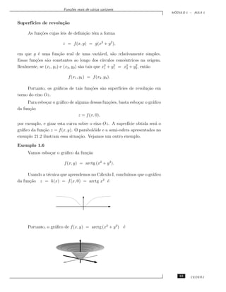 Fun¸˜es reais de v´rias vari´veis
                             co             a         a
                                                                                       ´
                                                                                      MODULO 1 – AULA 1


Superf´
      ıcies de revolu¸˜o
                     ca

      As fun¸˜es cujas leis de deﬁni¸˜o tˆm a forma
            co                      ca e

                          z = f (x, y) = g(x2 + y 2 ),

em que g ´ uma fun¸˜o real de uma vari´vel, s˜o relativamente simples.
          e             ca                        a       a
Essas fun¸˜es s˜o constantes ao longo dos c´
         co    a                                    ırculos concˆntricos na origem.
                                                                e
Realmente, se (x1 , y1 ) e (x2 , y2 ) s˜o tais que x2 + y1 = x2 + y2 , ent˜o
                                       a              1
                                                           2
                                                                  2
                                                                      2
                                                                           a

                             f (x1 , y1) = f (x2 , y2 ).

     Portanto, os gr´ﬁcos de tais fun¸˜es s˜o superf´
                    a                co    a        ıcies de revolu¸˜o em
                                                                   ca
torno do eixo Oz.
     Para esbo¸ar o gr´ﬁco de alguma dessas fun¸˜es, basta esbo¸ar o gr´ﬁco
              c       a                        co              c       a
da fun¸˜o
      ca
                                z = f (x, 0),
por exemplo, e girar esta curva sobre o eixo Oz. A superf´ obtida ser´ o
                                                           ıcie          a
gr´ﬁco da fun¸˜o z = f (x, y). O parabol´ide e a semi-esfera apresentados no
  a          ca                         o
exemplo 21.2 ilustram essa situa¸˜o. Vejamos um outro exemplo.
                                 ca

Exemplo 1.6
      Vamos esbo¸ar o gr´ﬁco da fun¸˜o
                c       a          ca

                           f (x, y) = arctg (x2 + y 2).

     Usando a t´cnica que aprendemos no C´lculo I, conclu´
               e                         a               ımos que o gr´ﬁco
                                                                      a
                                           2
da fun¸˜o z = h(x) = f (x, 0) = arctg x ´
      ca                                     e




      Portanto, o gr´ﬁco de f (x, y) = arctg (x2 + y 2) ´
                    a                                   e




                                                                                          13   CEDERJ
 