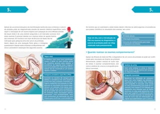 22 23
5. 5.
Apesar da sua lenta evolução e da manifestação tardia dos seus sintomas, o cancro
da próstata pode ser diagnosticado através de exames médicos específicos, como
sejam a realização de um exame digital (com palpação da zona afetada através
de toque retal) e de uma análise sanguínea a um marcador tumoral. Com
estes exames é possível detetar-se a doença antes do aparecimento
dos sintomas. Em homens com mais de 80 anos de idade não há
indicação para pesquisa ativa de cancro da próstata.
Assim, depois de uma avaliação física geral, o urologista
questionará o doente sobre sintomas e antecedentes mé-
dicos e procederá à realização dos seguintes exames.
Os homens que se submetam a estes testes devem informar-se sobre algumas circunstâncias
que podem modificar os resultados dos exames, tais como:
Atividade sexual;
Consumo de medicamentos para tratar
a hiperplasia da próstata.
Inflamação da próstata;
Análise da urina
Ecografia transretal
Com uma análise à urina o médico
pode avaliar se apresenta tem sangue
ou alguma infeção;
Baseia-se na utilização de ultrasons
para criar uma imagem da próstata e
visualizá-la num monitor. Para realizar
esta ecografia é colocada uma sonda
no reto, procedimento que pode ser in-
cómodo, mas indolor. É um método que
apresenta uma elevada taxa de falsos
positivos, ou seja, pode apresentar ima-
gens que sugerem a existência de can-
cro da próstata quando na realidade se
trata de outro tipo de inflamações be-
nignas que assemelham com o cancro;
Hoje em dia, com a introdução do
PSA nos exames de diagnóstico, o
cancro da próstata pode ser diag-
nosticado mais precocemente.
 Quando realizar os exames complementares?
Apesar da eficácia do teste de PSA, o diagnóstico de um cancro da próstata só pode ser confir-
mado pelo resultado da biopsia da próstata.
Previamente, podem realizar-se outro tipo
de testes e exames complementares, tais
como a análise da urina ou a ecografia pros-
tática transretal.
Toque retal
Antígeno prostático específico (PSA)
O médico, com uma luva lubrificada,
insere o dedo no reto (última parte
do intestino grosso) para detetar a
existência de alguma área irregular
dura que poderá ser indício de cancro.
Apesar de ser incómodo é um exame
rápido e indolor.
Consiste na recolha de sangue para
detetar a existência de uma proteína
produzida pela próstata chamada an-
tigénio específico da próstata ou PSA.
Quando os resultados do exame apre-
sentam um elevado nível desta subs-
tância, existe uma maior probabilida-
de de se sofrer de cancro da próstata.
No entanto, estes resultados apenas
expressam uma probabilidade, pelo
que necessitam da realização de uma
biopsia para confirmar a sua existência.
 