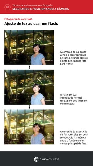 SEGURANDO E POSICIONANDO A CÂMERA
Técnicas de aprimoramento em fotografia
A correção de luz envol-
vendo o escurecimento
de tons de fundo eleva o
objeto principal da foto
para frente.
O flash em sua
intensidade normal
resulta em uma imagem
muito escura
A correção da exposição
do flash, resulta em uma
composição harmônica
entre o fundo e o ele-
mento principal da foto.
Fotografando com flash
Ajuste de luz ao usar um flash.
 
