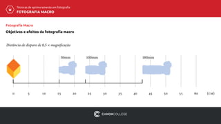 Técnicas de aprimoramento em fotografia
FOTOGRAFIA MACRO
Distância de disparo de 0,5 × magnificação
0 5 10 15
50mm 100mm 180mm
20 25 30 35 40 45 50 55 60 (cm)
Fotografia Macro
Objetivos e efeitos da fotografia macro
 