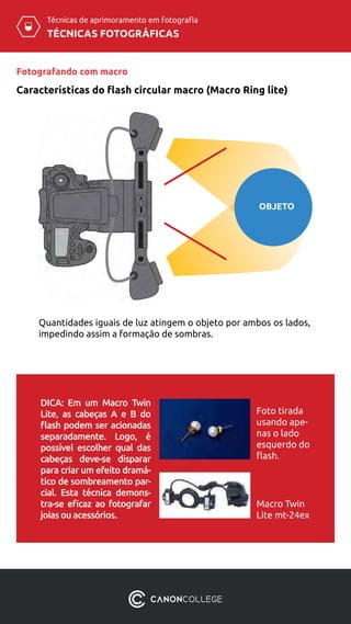 TÉCNICAS FOTOGRÁFICAS
Técnicas de aprimoramento em fotografia
Fotografando com macro
Características do flash circular macro (Macro Ring lite)
OBJETO
Quantidades iguais de luz atingem o objeto por ambos os lados,
impedindo assim a formação de sombras.
DICA: Em um Macro Twin
Lite, as cabeças A e B do
flash podem ser acionadas
separadamente. Logo, é
possível escolher qual das
cabeças deve-se disparar
para criar um efeito dramá-
tico de sombreamento par-
cial. Esta técnica demons-
tra-se eficaz ao fotografar
joias ou acessórios.
Foto tirada
usando ape-
nas o lado
esquerdo do
flash.
Macro Twin
Lite mt-24ex
 