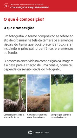 COMPOSIÇÃO E ENQUADRAMENTO
Técnicas de aprimoramento em fotografia
O que é composição?
Em fotografia, o termo composição se refere ao
ato de organizar na tela da câmera os elementos
visuais do tema que você pretende fotografar,
incluindo o principal, o periférico, e elementos
de fundo.
O processo envolvido na composição da imagem
é a base para a criação de uma cena e, como tal,
depende da sensibilidade do fotógrafo.
O que é composição?
Composição usando a
proporção áurea
Composição usando a
regra das metades
Composição usando a
regra dos terços
 