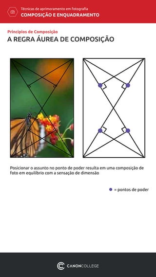 COMPOSIÇÃO E ENQUADRAMENTO
Técnicas de aprimoramento em fotografia
= pontos de poder
Posicionar o assunto no ponto de poder resulta em uma composição de
foto em equilíbrio com a sensação de dimensão
Princípios de Composição
A REGRA ÁUREA DE COMPOSIÇÃO
 