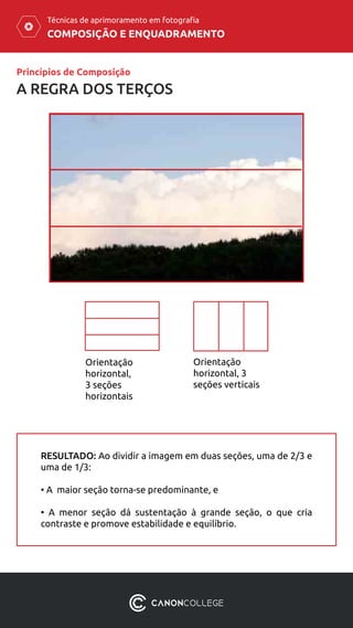 COMPOSIÇÃO E ENQUADRAMENTO
Técnicas de aprimoramento em fotografia
Princípios de Composição
Orientação
horizontal,
3 seções
horizontais
Orientação
horizontal, 3
seções verticais
RESULTADO: Ao dividir a imagem em duas seções, uma de 2/3 e
uma de 1/3:
• A maior seção torna-se predominante, e
• A menor seção dá sustentação à grande seção, o que cria
contraste e promove estabilidade e equilíbrio.
A REGRA DOS TERÇOS
 