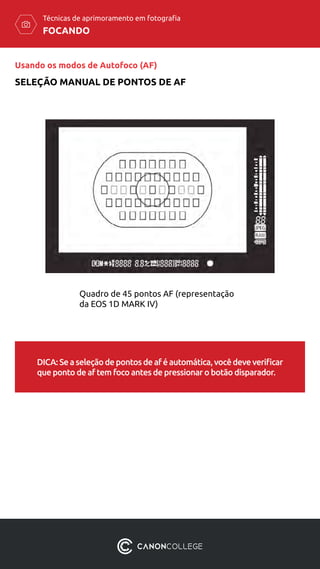 FOCANDO
Técnicas de aprimoramento em fotografia
DICA:Seaseleçãodepontosdeaféautomática,vocêdeveverificar
que ponto de af tem foco antes de pressionar o botão disparador.
Quadro de 45 pontos AF (representação
da EOS 1D MARK IV)
Usando os modos de Autofoco (AF)
SELEÇÃO MANUAL DE PONTOS DE AF
 
