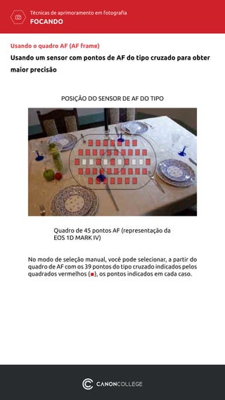 FOCANDO
Técnicas de aprimoramento em fotografia
Usando o quadro AF (AF frame)
Usando um sensor com pontos de AF do tipo cruzado para obter
maior precisão
POSIÇÃO DO SENSOR DE AF DO TIPO
No modo de seleção manual, você pode selecionar, a partir do
quadro de AF com os 39 pontos do tipo cruzado indicados pelos
quadrados vermelhos (   ), os pontos indicados em cada caso.
Quadro de 45 pontos AF (representação da
EOS 1D MARK IV)
 