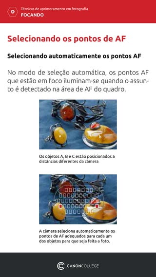 FOCANDO
Técnicas de aprimoramento em fotografia
Selecionando os pontos de AF
Selecionando automaticamente os pontos AF
No modo de seleção automática, os pontos AF
que estão em foco iluminam-se quando o assun-
to é detectado na área de AF do quadro.
Os objetos A, B e C estão posicionados a
distâncias diferentes da câmera
A câmera seleciona automaticamente os
pontos de AF adequados para cada um
dos objetos para que seja feita a foto.
a b
c
 