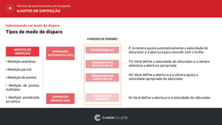 AJUSTES DE EXPOSIÇÃO
Técnicas de aprimoramento em fotografia
• Medição avaliativa
• Medição parcial
• Medição de pontos
• Medição de pontos
múltiplos
• Medição ponderada
ao centro
Tipos de modo de disparo
MODOS DE
MEDIÇÃO
EXPOSIÇÃO
AUTOMÁTICA (AE)
EXPOSIÇÃO
MANUAL (ME)
PROGRAMA AE
PRIORIDADE DO
OBTURADOR AE
PRIORIDADE DE
ABERTURA AE
P: A câmera ajusta automaticamente a velocidade do
obturador e a abertura para coincidir com o brilho
TV: Você define a velocidade do obturador e a câmera
seleciona a abertura apropriada
AV: Você define a abertura e a câmera ajusta a
velocidade apropriada do obturador
EXPOSIÇÃO
MANUAL M: Você define a abertura e a velocidade do obturador
4 MODOS DE DISPARO
Selecionando um modo de disparo
 