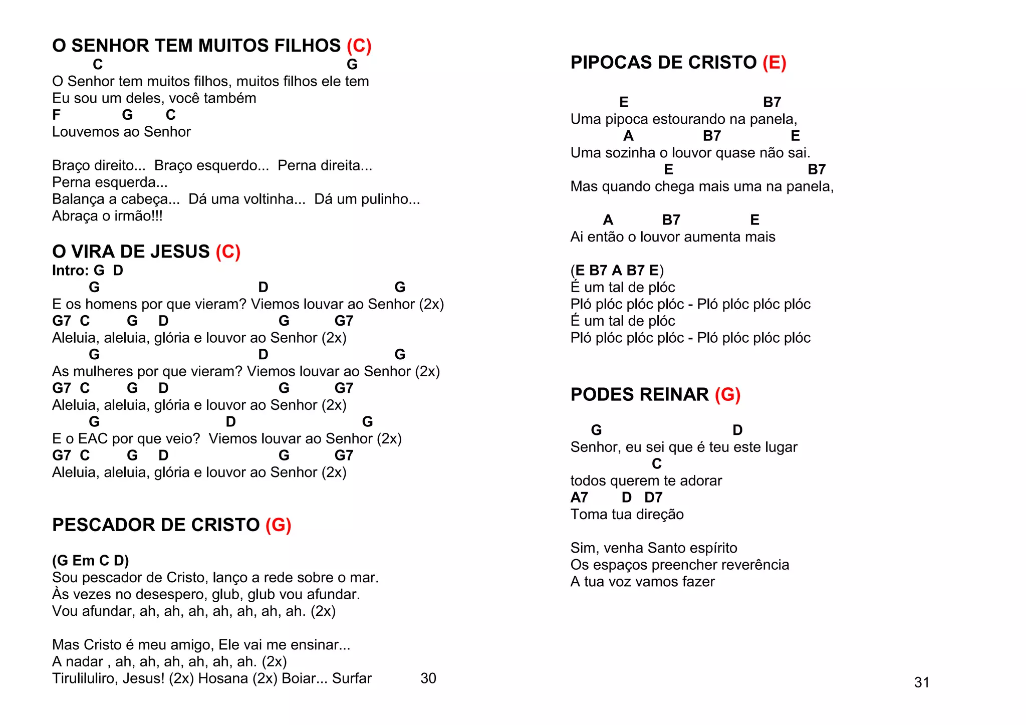 O SENHOR TEM MUITOS FILHOS (C)
C G
O Senhor tem muitos filhos, muitos filhos ele tem
Eu sou um deles, você também
F G C
Louvemos ao Senhor
Braço direito... Braço esquerdo... Perna direita...
Perna esquerda...
Balança a cabeça... Dá uma voltinha... Dá um pulinho...
Abraça o irmão!!!
O VIRA DE JESUS (C)
Intro: G D
G D G
E os homens por que vieram? Viemos louvar ao Senhor (2x)
G7 C G D G G7
Aleluia, aleluia, glória e louvor ao Senhor (2x)
G D G
As mulheres por que vieram? Viemos louvar ao Senhor (2x)
G7 C G D G G7
Aleluia, aleluia, glória e louvor ao Senhor (2x)
G D G
E o EAC por que veio? Viemos louvar ao Senhor (2x)
G7 C G D G G7
Aleluia, aleluia, glória e louvor ao Senhor (2x)
PESCADOR DE CRISTO (G)
(G Em C D)
Sou pescador de Cristo, lanço a rede sobre o mar.
Às vezes no desespero, glub, glub vou afundar.
Vou afundar, ah, ah, ah, ah, ah, ah, ah. (2x)
Mas Cristo é meu amigo, Ele vai me ensinar...
A nadar , ah, ah, ah, ah, ah, ah. (2x)
Tiruliluliro, Jesus! (2x) Hosana (2x) Boiar... Surfar 30
PIPOCAS DE CRISTO (E)
E B7
Uma pipoca estourando na panela,
A B7 E
Uma sozinha o louvor quase não sai.
E B7
Mas quando chega mais uma na panela,
A B7 E
Ai então o louvor aumenta mais
(E B7 A B7 E)
É um tal de plóc
Pló plóc plóc plóc - Pló plóc plóc plóc
É um tal de plóc
Pló plóc plóc plóc - Pló plóc plóc plóc
PODES REINAR (G)
G D
Senhor, eu sei que é teu este lugar
C
todos querem te adorar
A7 D D7
Toma tua direção
Sim, venha Santo espírito
Os espaços preencher reverência
A tua voz vamos fazer
31
 