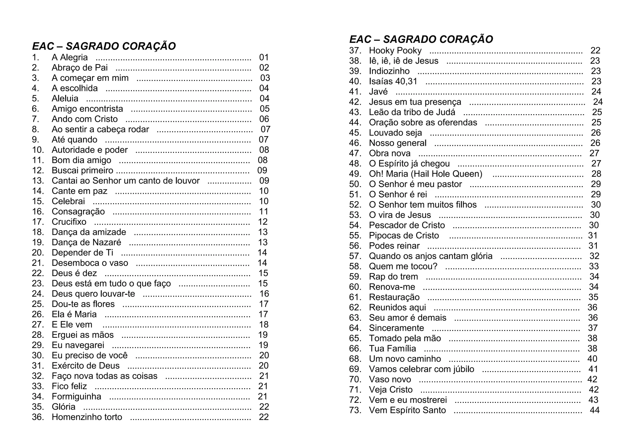 EAC – SAGRADO CORAÇÃO
1. A Alegria ............................................................... 01
2. Abraço de Pai ....................................................... 02
3. A começar em mim ............................................... 03
4. A escolhida ........................................................... 04
5. Aleluia ................................................................... 04
6. Amigo encontrista ................................................. 05
7. Ando com Cristo ................................................... 06
8. Ao sentir a cabeça rodar ....................................... 07
9. Até quando ........................................................... 07
10. Autoridade e poder ............................................... 08
11. Bom dia amigo ..................................................... 08
12. Buscai primeiro ...................................................... 09
13. Cantai ao Senhor um canto de louvor .................. 09
14. Cante em paz ....................................................... 10
15. Celebrai ................................................................ 10
16. Consagração ........................................................ 11
17. Crucifixo ............................................................... 12
18. Dança da amizade ............................................... 13
19. Dança de Nazaré ................................................. 13
20. Depender de Ti .................................................... 14
21. Desemboca o vaso .............................................. 14
22. Deus é dez ........................................................... 15
23. Deus está em tudo o que faço ............................. 15
24. Deus quero louvar-te ............................................ 16
25. Dou-te as flores .................................................... 17
26. Ela é Maria ........................................................... 17
27. E Ele vem ............................................................ 18
28. Erguei as mãos .................................................... 19
29. Eu navegarei ........................................................ 19
30. Eu preciso de você ............................................... 20
31. Exército de Deus .................................................. 20
32. Faço nova todas as coisas ................................... 21
33. Fico feliz ............................................................... 21
34. Formiguinha ......................................................... 21
35. Glória .................................................................... 22
36. Homenzinho torto ................................................. 22
EAC – SAGRADO CORAÇÃO
37. Hooky Pooky .............................................................. 22
38. Iê, iê, iê de Jesus ....................................................... 23
39. Indiozinho ................................................................... 23
40. Isaías 40,31 ................................................................ 23
41. Javé ............................................................................ 24
42. Jesus em tua presença ............................................... 24
43. Leão da tribo de Judá ................................................. 25
44. Oração sobre as oferendas ........................................ 25
45. Louvado seja .............................................................. 26
46. Nosso general ............................................................ 26
47. Obra nova .................................................................. 27
48. O Espírito já chegou ................................................... 27
49. Oh! Maria (Hail Hole Queen) ..................................... 28
50. O Senhor é meu pastor .............................................. 29
51. O Senhor é rei ............................................................ 29
52. O Senhor tem muitos filhos ........................................ 30
53. O vira de Jesus .......................................................... 30
54. Pescador de Cristo .................................................... 30
55. Pipocas de Cristo ...................................................... 31
56. Podes reinar .............................................................. 31
57. Quando os anjos cantam glória ................................. 32
58. Quem me tocou? ....................................................... 33
59. Rap do trem ............................................................... 34
60. Renova-me ................................................................ 34
61. Restauração .............................................................. 35
62. Reunidos aqui ........................................................... 36
63. Seu amor é demais ................................................... 36
64. Sinceramente ............................................................ 37
65. Tomado pela mão ..................................................... 38
66. Tua Família ............................................................... 38
68. Um novo caminho ..................................................... 40
69. Vamos celebrar com júbilo ........................................ 41
70. Vaso novo .................................................................. 42
71. Veja Cristo ................................................................. 42
72. Vem e eu mostrerei ................................................... 43
73. Vem Espírito Santo .................................................... 44
 