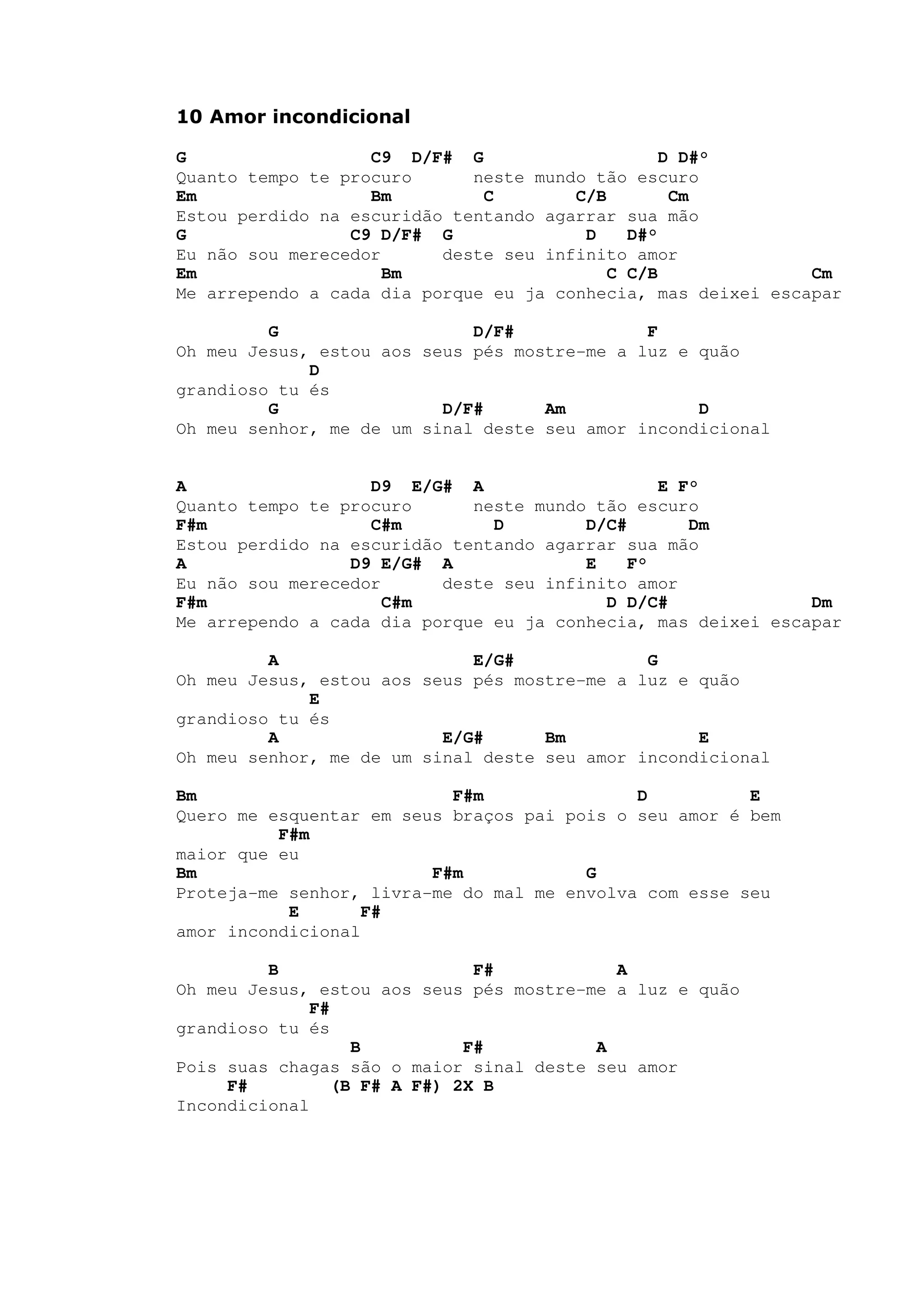 10 Amor incondicional
G C9 D/F# G D D#°
Quanto tempo te procuro neste mundo tão escuro
Em Bm C C/B Cm
Estou perdido na escuridão tentando agarrar sua mão
G C9 D/F# G D D#°
Eu não sou merecedor deste seu infinito amor
Em Bm C C/B Cm
Me arrependo a cada dia porque eu ja conhecia, mas deixei escapar
G D/F# F
Oh meu Jesus, estou aos seus pés mostre-me a luz e quão
D
grandioso tu és
G D/F# Am D
Oh meu senhor, me de um sinal deste seu amor incondicional
A D9 E/G# A E F°
Quanto tempo te procuro neste mundo tão escuro
F#m C#m D D/C# Dm
Estou perdido na escuridão tentando agarrar sua mão
A D9 E/G# A E F°
Eu não sou merecedor deste seu infinito amor
F#m C#m D D/C# Dm
Me arrependo a cada dia porque eu ja conhecia, mas deixei escapar
A E/G# G
Oh meu Jesus, estou aos seus pés mostre-me a luz e quão
E
grandioso tu és
A E/G# Bm E
Oh meu senhor, me de um sinal deste seu amor incondicional
Bm F#m D E
Quero me esquentar em seus braços pai pois o seu amor é bem
F#m
maior que eu
Bm F#m G
Proteja-me senhor, livra-me do mal me envolva com esse seu
E F#
amor incondicional
B F# A
Oh meu Jesus, estou aos seus pés mostre-me a luz e quão
F#
grandioso tu és
B F# A
Pois suas chagas são o maior sinal deste seu amor
F# (B F# A F#) 2X B
Incondicional
 