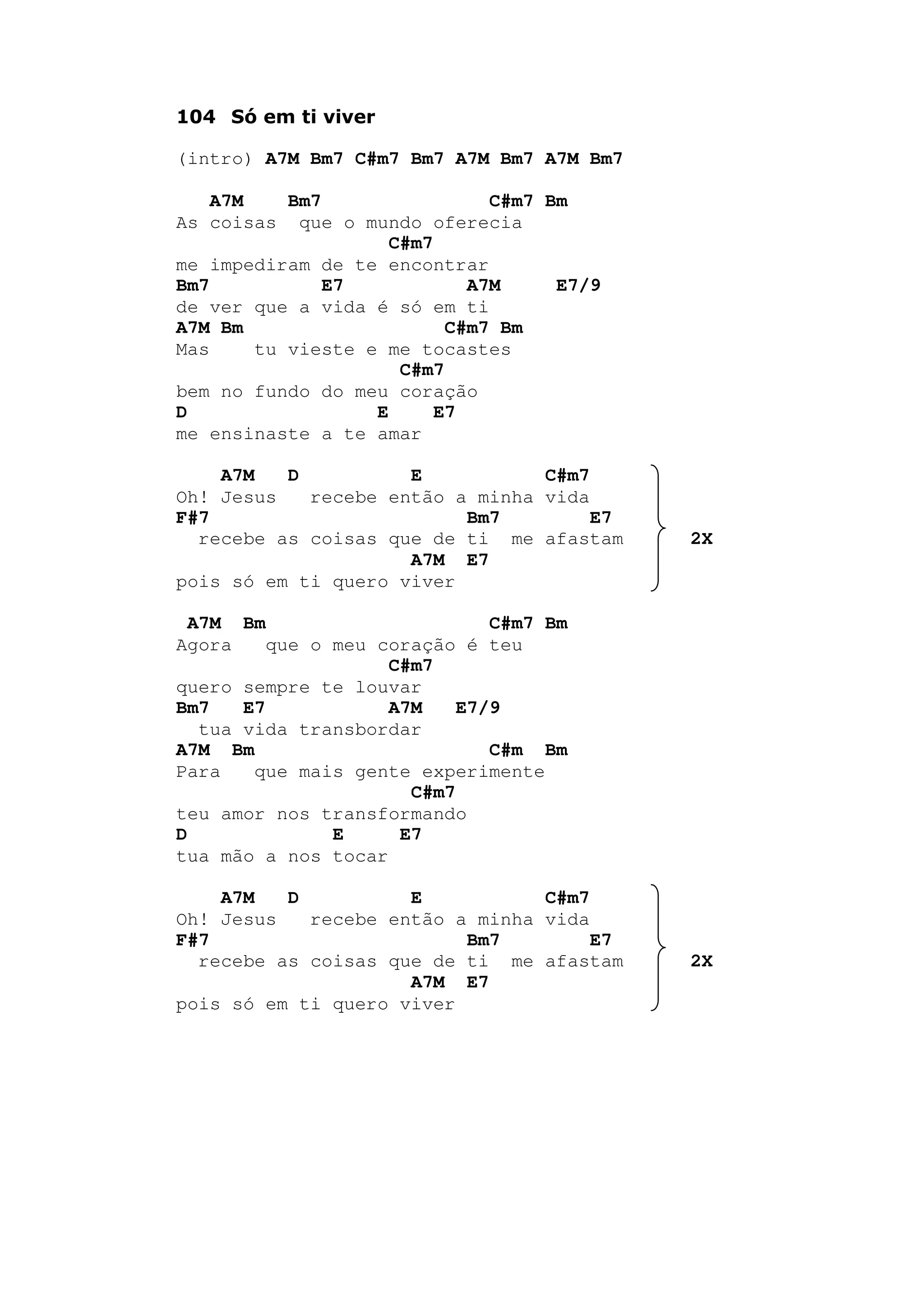 104 Só em ti viver
(intro) A7M Bm7 C#m7 Bm7 A7M Bm7 A7M Bm7
A7M Bm7 C#m7 Bm
As coisas que o mundo oferecia
C#m7
me impediram de te encontrar
Bm7 E7 A7M E7/9
de ver que a vida é só em ti
A7M Bm C#m7 Bm
Mas tu vieste e me tocastes
C#m7
bem no fundo do meu coração
D E E7
me ensinaste a te amar
A7M D E C#m7
Oh! Jesus recebe então a minha vida
F#7 Bm7 E7
recebe as coisas que de ti me afastam 2X
A7M E7
pois só em ti quero viver
A7M Bm C#m7 Bm
Agora que o meu coração é teu
C#m7
quero sempre te louvar
Bm7 E7 A7M E7/9
tua vida transbordar
A7M Bm C#m Bm
Para que mais gente experimente
C#m7
teu amor nos transformando
D E E7
tua mão a nos tocar
A7M D E C#m7
Oh! Jesus recebe então a minha vida
F#7 Bm7 E7
recebe as coisas que de ti me afastam 2X
A7M E7
pois só em ti quero viver
 