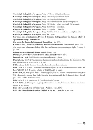 49
Constituição da República Portuguesa. Artigo 1.º: Direito à Dignidade Humana.
Constituição da República Portuguesa. Artigo 12.º: Princípio da Universalidade.
Constituição da República Portuguesa. Artigo 13.º: Princípio da igualdade.
Constituição da República Portuguesa. Artigo 22.º: Responsabilidade das entidades públicas.
Constituição da República Portuguesa. Artigo 25.º: Direito à vida, à integridade física e moral.
Constituição da República Portuguesa. Artigo 26.º: Direito à identidade.
Constituição da República Portuguesa. Artigo 27.º: Direito à Liberdade.
Constituição da República Portuguesa. Artigo 41.º: Liberdade de consciência, de religião e culto.
Constituição da República Portuguesa. Artigo 64.º: Saúde.
Convenção para a Protecção dos Direitos do Homem e da Dignidade do Ser Humano relativa às
aplicações da Biologia e da Medicina.
Convenção dos Direitos do Homem e da Biomedicina. 4 abr. 1997.
Convenção para a Protecção dos Direitos Humanos e das Liberdades Fundamentais. 4 nov. 1950.
Convenção para a Protecção do Indivíduo Face ao Tratamento Automático de Dados Pessoais. 28
jan. 1981.
Declaração Universal dos Direitos do Homem. 10 dez. 1948.
Declaração Universal do Genoma Humano e dos Direitos Humanos. 1997.
Decreto-Lei n.º 97/95 de 10 de maio. Comissões de Ética para a Saúde.
Decreto-Lei n.º 161/96 de 4 de setembro. Regulamento do Exercício Profissional dos Enfermeiros. Alte-
rado pelo Decreto-Lei n.º 104/98, de 21 de abril.
Deliberação n.º 50/98. Comissão Nacional de Dados Pessoais Informatizados.
Lei n.º 12/93 de 22 de abril. Colheita e transplante de órgãos e tecidos de natureza humana. Alterada pela
Lei n.º 22/2007, de 29 de junho, e pela Lei n.º 12/2009, de 26 de março.
Lei n.º 48/90, de 24 de agosto. Base I – Princípios gerais; Base V – Direitos e deveres dos cidadãos; Base
XIV – Estatuto dos utentes; Base XVI – Formação do pessoal de saúde. Lei de Bases da Saúde. Alterada
pela Lei n.º 27/2002, de 8 de novembro.
Lei n.º 67/98 de 26 de outubro. Lei de Proteção de Dados Pessoais.
Lei n.º 46/2004, de 19 de agosto. Regime jurídico aplicável à realização de ensaios clínicos com medica-
mentos de uso humano.
Pacto Internacional sobre os Direitos Civis e Políticos. 16 dez. 1996.
Pacto Internacional sobre os Direitos Económicos, Sociais e Culturais. 16 dez. 1996.
PARTE I
 