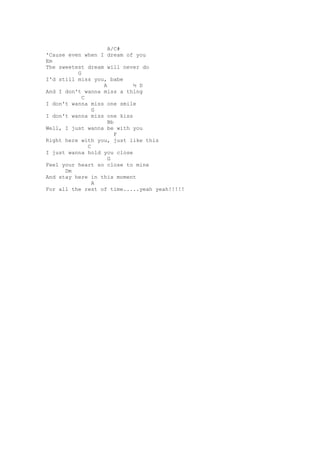 A/C#
'Cause even when I dream of you
Em
The sweetest dream will never do
          G
I'd still miss you, babe
                  A         ½ D
And I don't wanna miss a thing
            C
I don't wanna miss one smile
                G
I don't wanna miss one kiss
                    Bb
Well, I just wanna be with you
                       F
Right here with you, just like this
              C
I just wanna hold you close
                    G
Feel your heart so close to mine
      Dm
And stay here in this moment
                A
For all the rest of time.....yeah yeah!!!!!
 