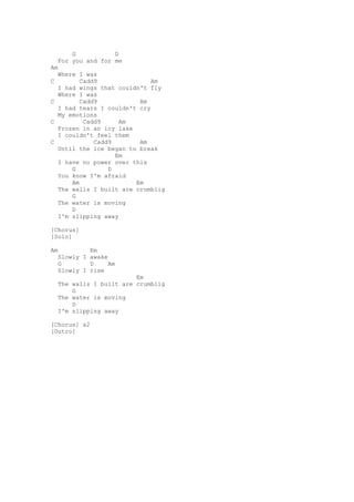 G           D
    For you and for me
Am
  Where I was
C        Cadd9               Am
  I had wings that couldn't fly
  Where I was
C        Cadd9           Am
  I had tears I couldn't cry
  My emotions
C         Cadd9     Am
  Frozen in an icy lake
  I couldn't feel them
C            Cadd9       Am
  Until the ice began to break
                   Em
  I have no power over this
      G          D
  You know I'm afraid
      Am                Em
  The walls I built are crumblig
      G
  The water is moving
      D
  I'm slipping away

[Chorus]
[Solo]

Am           Em
    Slowly I awake
    G        D     Am
    Slowly I rise
                          Em
    The walls I built are crumblig
        G
    The water is moving
        D
    I'm slipping away

[Chorus] x2
[Outro]
 