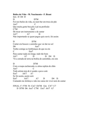 Bailes da Vida - M. Nascimento - F. Brant
Intr.: D D4 D
D                        D7M
Foi nos bailes da vida, ou num bar em troca de pão
Am7                       C
Que muita gente boa pôs o pé na profissão
C7M                  Em7
De tocar um instrumento e de cantar
A4/7            A7            D
Não importando se quem pagou quis ouvir, foi assim

D                      D7M
Cantar era buscar o caminho que vai dar no sol
D6                         Am7
Tenho comigo as lembranças do que eu era
C                   Em7
Para cantar nada era longe, tudo tão bom
A4/7          A7        D              D D4 D
'Té a estrada de terra na boléia de caminhão, era sim

D                       D7M
Com a roupa encharcada e a alma repleta de chão
Am7                     C
Todo artista tem de ir aonde o povo está
Em7        A4/7      A7
Se foi assim, assim será
Em7          A4/7          A7      D       D4 D
Cantando me disfarço e não me canso de viver nem de cantar

FINAL: F F7M F6 Cm7 Eb7M Gm C4/7 C7
   D D7M D6 Am7 C7M Em7 A4/7 A7
 