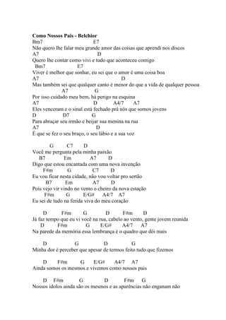 Como Nossos Pais - Belchior
Bm7                          E7
Não quero lhe falar meu grande amor das coisas que aprendi nos discos
A7                             D
Quero lhe contar como vivi e tudo que aconteceu comigo
 Bm7                 E7
Viver é melhor que sonhar, eu sei que o amor é uma coisa boa
A7                                         D
Mas também sei que qualquer canto é menor do que a vida de qualquer pessoa
              A7              G
Por isso cuidado meu bem, há perigo na esquina
A7                           D         A4/7      A7
Eles venceram e o sinal está fechado prá nós que somos jovens
D             D7             G
Para abraçar seu irmão e beijar sua menina na rua
A7                             D
É que se fez o seu braço, o seu lábio e a sua voz

        G        C7      D
Você me pergunta pela minha paixão
   B7          Em           A7      D
Digo que estou encantada com uma nova invenção
     F#m         G           C7      D
Eu vou ficar nesta cidade, não vou voltar pro sertão
      B7        Em           A7      D
Pois vejo vir vindo no vento o cheiro da nova estação
      F#m       G       E/G#     A4/7 A7
Eu sei de tudo na ferida viva do meu coração

     D       F#m        G         D       F#m       D
Já faz tempo que eu vi você na rua, cabelo ao vento, gente jovem reunida
    D      F#m           G      E/G#      A4/7     A7
Na parede da memória essa lembrança é o quadro que dói mais

    D             G             D            G
Minha dor é perceber que apesar de termos feito tudo que fizemos

    D     F#m      G      E/G#    A4/7 A7
Ainda somos os mesmos e vivemos como nossos pais

    D F#m            G         D         F#m     G
Nossos ídolos ainda são os mesmos e as aparências não enganam não
 