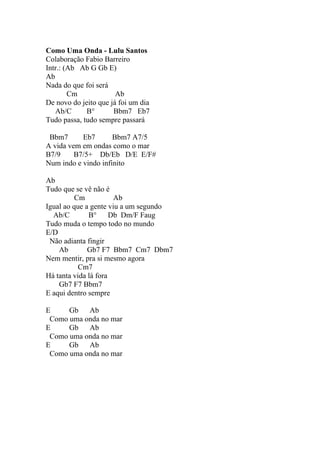 Como Uma Onda - Lulu Santos
Colaboração Fabio Barreiro
Intr.: (Ab Ab G Gb E)
Ab
Nada do que foi será
        Cm             Ab
De novo do jeito que já foi um dia
   Ab/C      B°       Bbm7 Eb7
Tudo passa, tudo sempre passará

 Bbm7      Eb7       Bbm7 A7/5
A vida vem em ondas como o mar
B7/9     B7/5+ Db/Eb D/E E/F#
Num indo e vindo infinito

Ab
Tudo que se vê não é
         Cm            Ab
Igual ao que a gente viu a um segundo
  Ab/C        B°      Db Dm/F Faug
Tudo muda o tempo todo no mundo
E/D
 Não adianta fingir
    Ab        Gb7 F7 Bbm7 Cm7 Dbm7
Nem mentir, pra si mesmo agora
           Cm7
Há tanta vida lá fora
    Gb7 F7 Bbm7
E aqui dentro sempre

E     Gb   Ab
 Como uma onda no mar
E     Gb   Ab
 Como uma onda no mar
E     Gb   Ab
 Como uma onda no mar
 