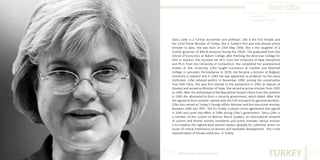 Tansu Çiller
Photo Source:
www.todayszaman.com

Tansu Çiller is a Turkish economist and politician. She is the first female and
the 22nd Prime Minister of Turkey. She is Turkey’s first and only female prime
minister to date. She was born on 24th May 1946. She is the daughter of a
Turkish governor of Bilecik province during the 1950s. She graduated from the
School of Economics at Robert College after finishing the American College for
Girls in Istanbul. She received her M.S. from the University of New Hampshire
and Ph.D. from the University of Connecticut. She completed her postdoctoral
studies at Yale University. Çiller taught economics at Franklin and Marshall
College in Lancaster, Pennsylvania. In 1978, she became a lecturer at Boğaziçi
University in Istanbul and in 1983 she was appointed as professor by the same
institution. Çiller entered politics in November 1990, joining the conservative
True Path Party. She was first elected to the parliament in 1991 as deputy of
Istanbul and served as Minister of State. She served as prime minister from 1993
to 1996. After the withdrawal of the Republican People’s Party from the coalition
in 1995 she attempted to form a minority government, which failed. After that
she agreed to form another cabinet with the CHP and went for general elections.
Çiller also served as Turkey’s Foreign Affairs Minister and the vice prime minister
between 1996 and 1997. The EU-Turkey Customs Union agreement was signed
in 1995 and came into effect in 1996 during Çiller’s government. Tansu Çiller is
a member of the Council of Women World Leaders, an international network
of current and former women presidents and prime ministers whose mission
is to mobilize the highest-level women leaders globally for collective action on
issues of critical importance to women and equitable development. She is the
representative of female politicians in Turkey.

Different But Equal In Europe

TURKEY

115

 