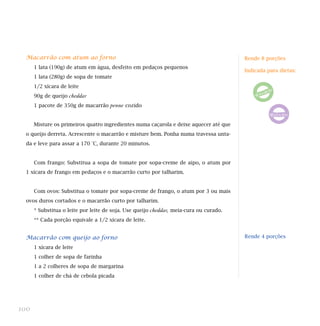 Macarrão com atum ao forno                                                              Rende 8 porções
      1 lata (190g) de atum em água, desfeito em pedaços pequenos
                                                                                          Indicada para dietas:
      1 lata (280g) de sopa de tomate
      1/2 xícara de leite
      90g de queijo   cheddar
      1 pacote de 350g de macarrão    penne cozido


      Misture os primeiros quatro ingredientes numa caçarola e deixe aquecer até que
  o queijo derreta. Acrescente o macarrão e misture bem. Ponha numa travessa unta-
  da e leve para assar a 170 °C, durante 20 minutos.


      Com frango: Substitua a sopa de tomate por sopa-creme de aipo, o atum por
  1 xícara de frango em pedaços e o macarrão curto por talharim.


      Com ovos: Substitua o tomate por sopa-creme de frango, o atum por 3 ou mais
  ovos duros cortados e o macarrão curto por talharim.
      * Substitua o leite por leite de soja. Use queijo   cheddar, meia-cura ou curado.
      ** Cada porção equivale a 1/2 xícara de leite.


  Macarrão com queijo ao forno                                                            Rende 4 porções

      1 xícara de leite                                                                   Indicada para dietas:
      1 colher de sopa de farinha
      1 a 2 colheres de sopa de margarina
      1 colher de chá de cebola picada




100
 