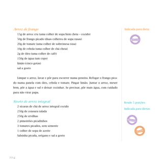 Arroz de frango                                                                      Indicada para dieta:
      15g de arroz cru (uma colher de sopa bem cheia – cozido)
      50g de frango picado (duas colheres de sopa rasas)
      20g de tomate (uma colher de sobremesa rasa)
      10g de cebola (uma colher de chá cheia)
      2g de óleo (uma colher de café)
      150g de água (um copo)
      limão (cinco gotas)
      sal a gosto


      Limpar o arroz, lavar e pôr para escorrer numa peneira. Refogar o frango pica-
  do numa panela com óleo, cebola e tomate. Pingar limão. Juntar o arroz, mexer
  bem, pôr a água e sal e deixar cozinhar. Se precisar, pôr mais água, com cuidado
  para não virar papa.


  Risoto de arroz integral                                                             Rende 5 porções
      2 xícaras de chá de arroz integral cozido
                                                                                       Indicada para dietas:
      250g de cenoura ralada
      250g de ervilhas
      2 pimentões picadinhos
      3 tomates picados, sem semente
      1 colher de sopa de azeite
      Salsinha picada, orégano e sal a gosto




104
 