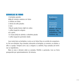 BERINJELAS DE FORNO
   3 berinjelas grandes                                             Rendimento:
   600g de tomates maduros em fatias                                5 porções
   2 cebolas em fatias
                                                                    Informações
   2 dentes de alho picados
                                                                    nutricionais
   2 ovos
                                                                    por porção:
   150g de queijo branco light em cubos                             Calorias: 183 kcal
   1 colher (sopa) de orégano                                       Proteínas: 10g
   sal a gosto                                                      Carboidratos: 25g
   1/2 xícara (chá) de salsinha e cebolinha picada                  Gorduras: 6g
   1 colher (sopa) de parmesão ralado

    Lave muito bem as berinjelas e corte-as em fatias finas no sentido do comprimen-
to. Em um refratário, faça camadas colocando as berinjelas, os tomates, as cebolas, o
alho e o queijo. Tempere com o sal, o orégano e a salsinha. Faça camadas até termi-
nar os ingredientes.
    Bata os ovos e derrame sobre as camadas. Polvilhe o parmesão. Leve ao forno
preaquecido por aproximadamente 30 minutos.




                                                                                         115
 